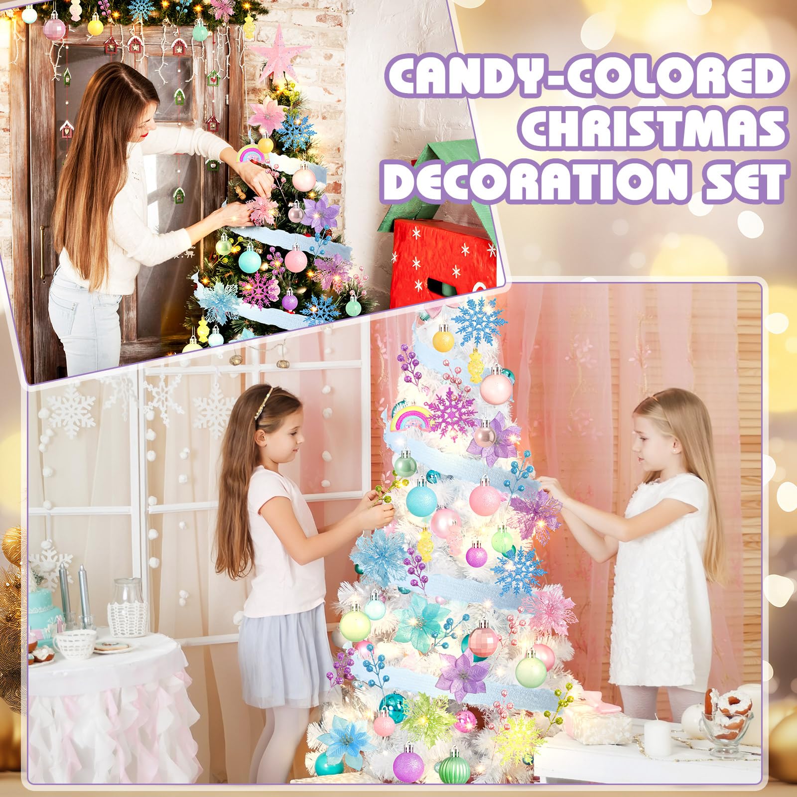 Syhood Lot de 70 décorations de sapin de Noël pastel comprenant des décorations de Noël à paillettes, poinsettia, fleurs, baies, flocons de neige, ruban LED pour décoration de Noël