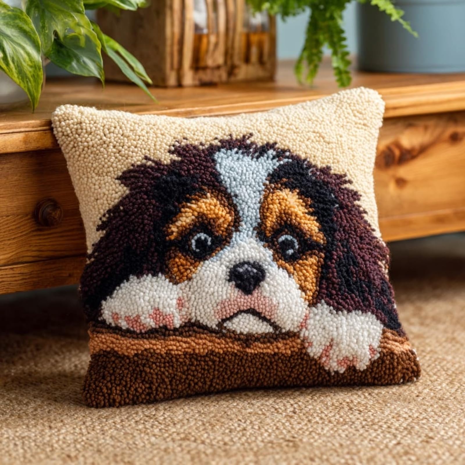 AxiangziK Latch Hook Pillow Making Kit 43x43cm,Charles Spaniel Complete Set with Hook Tool & Instructions - Sofa Cushion Cover DIY Craft for Adults