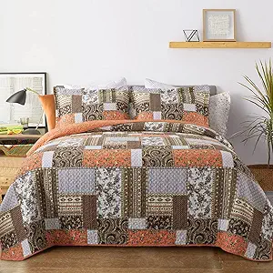 VAPUTAR Quilts Queen Size - Fall Cotton Quilt Set Quilted Bedspread Coverlet Lightweighet Bedding Set with Shams for All Season, 3 Piece Boho Patchwork Quitled Bedspread Queen Size (Dream Orange)