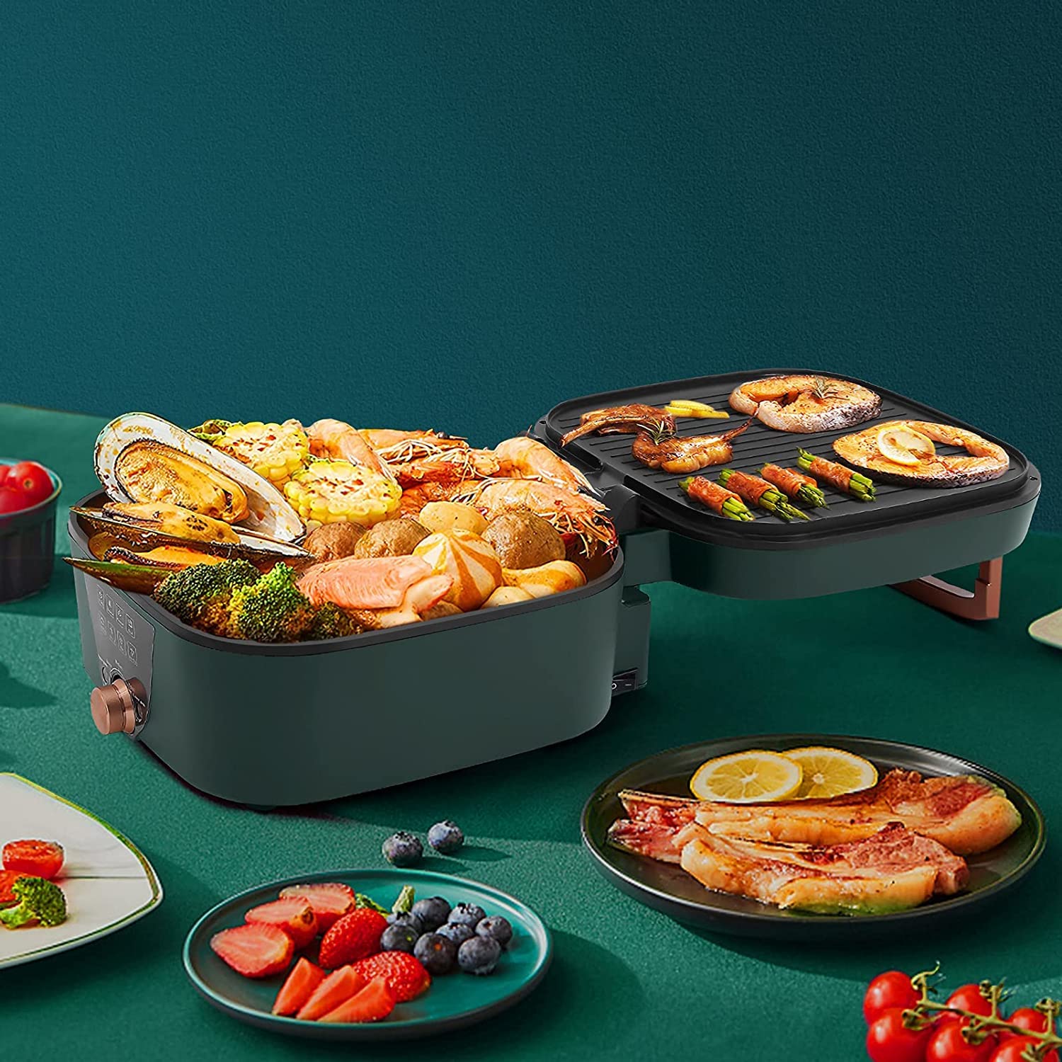 Uten Hot Pot Barbecue, 2 in1 Multifunktion Doppelbratpfanne Grill mit Antihaftbeschichteter Oberfläche, Elektrischer Rauchfreier Grill für Einfache Reinigung, Einstellbare Temperaturkontrolle