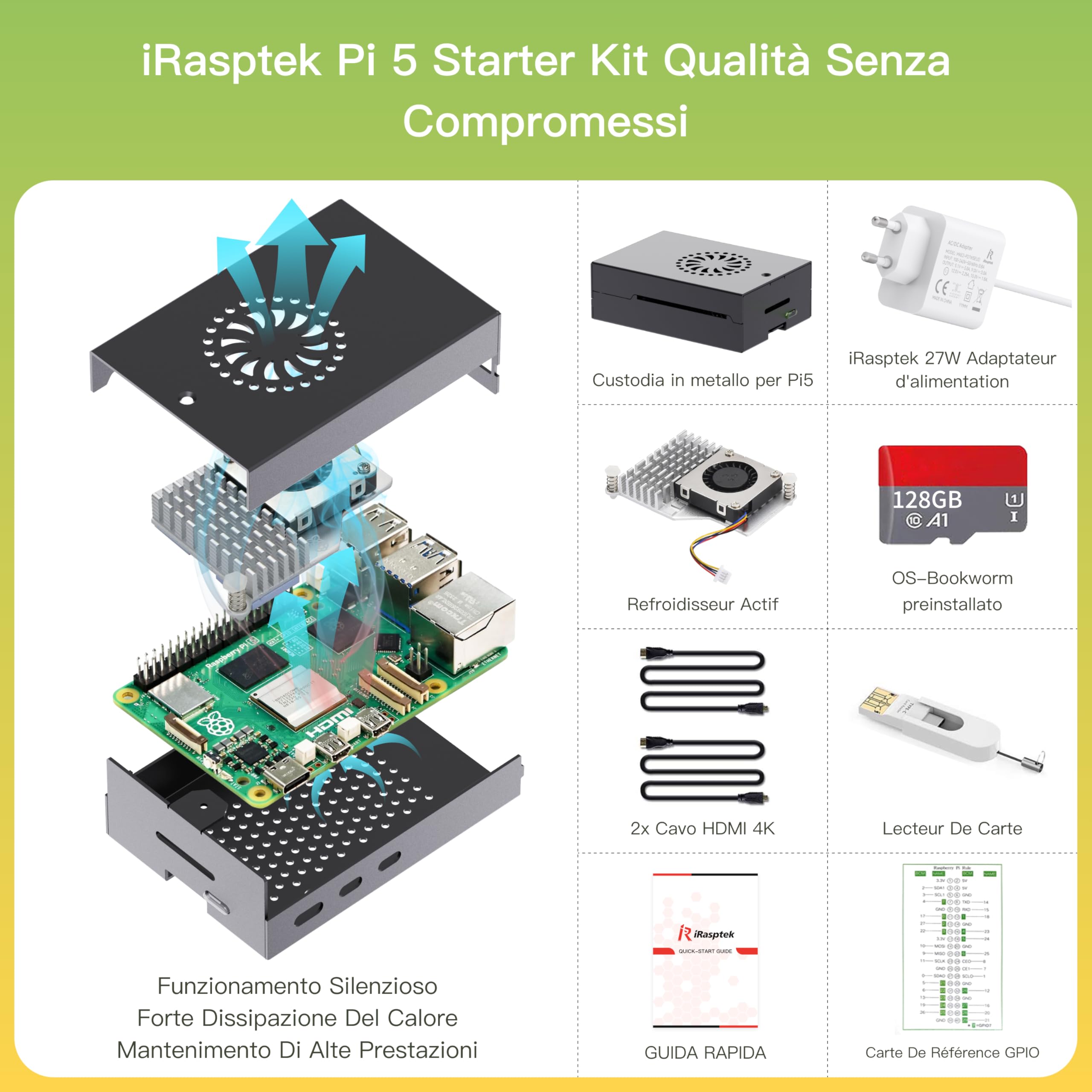 iRasptek Raspberry Pi 5 8GB RAM Starter Kit - Edizione OS-Bookworm da 128GB preinstallata(case in alluminio)