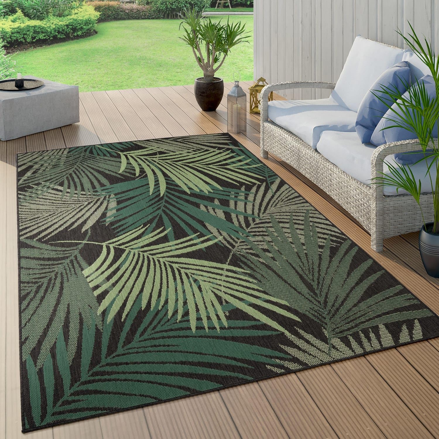 Paco Home Indoor & Outdoor Rug Flat-Weave Jungle Floral Palm Trees Design Black Green, Size: 7'10" x 11'2"