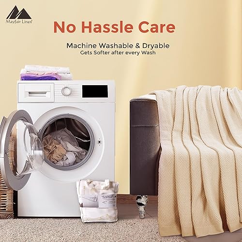 Miniatura 9 de Mayfair Linen Manta de lujo de 100% algodón puro, tamaño KingCal King, color beige, patrón de espiga, suave y acogedora manta de otoño de alta