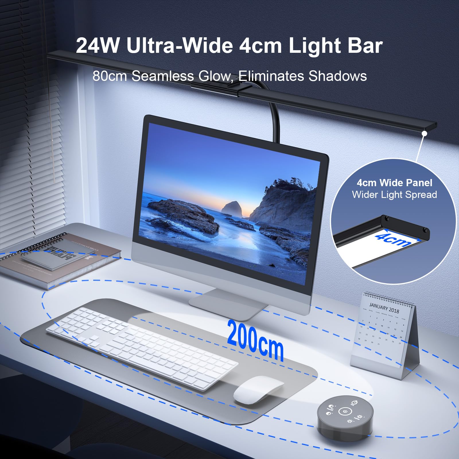 Lampara de Escritorio de LED 24W con Control Remoto - 1500LM 80CM Flexo LED Escritorio con Pinza Luz Leer Puerto de carga USB para Estudiar, Oficina, Negro