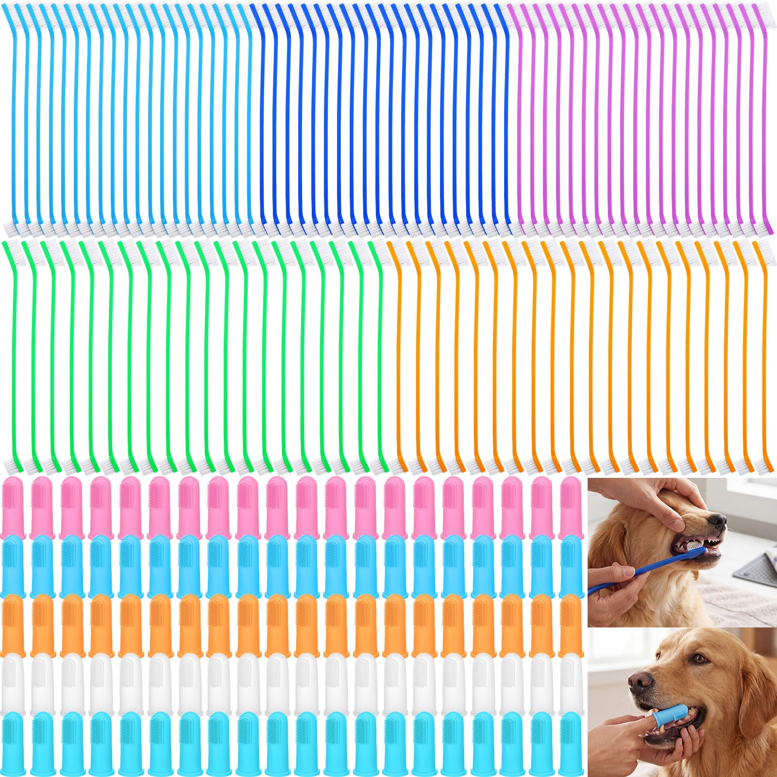 Lot de 200 brosses à dents pour chien en vrac, 100 brosses dentaires à double tête, 100 brosses à doigts à 360 degrés, nettoyage facile des dents pour animaux de compagnie, entretien doux