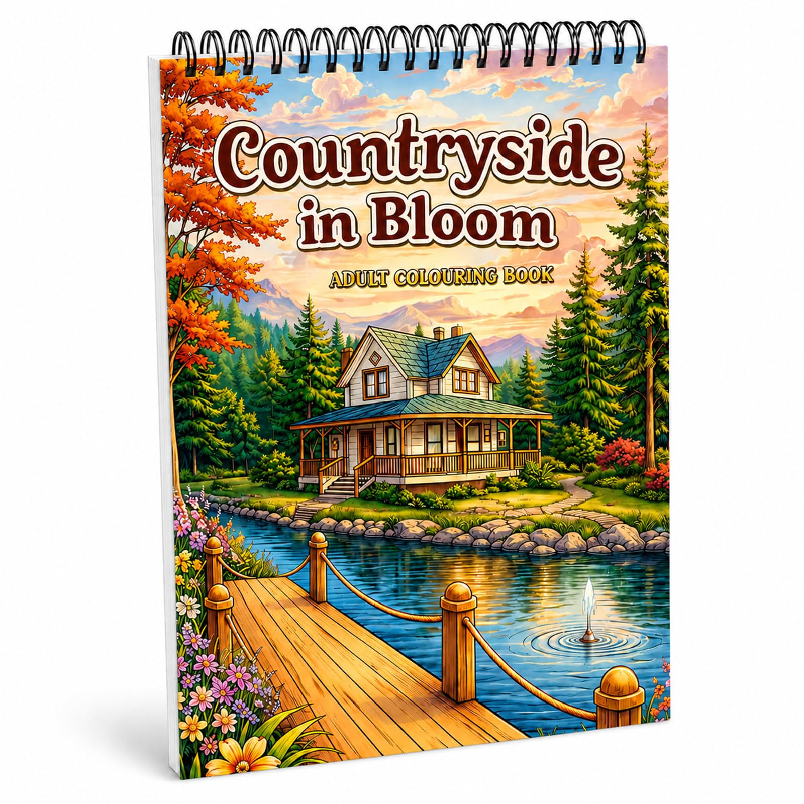 Adult Colouring Book Countryside Bloom Designs – 46 Single-Sided Pages, Spiral Bound, for Women and Men, Mindfulness & Stress Relief Colouring Pages, 8 x 12 Inches
