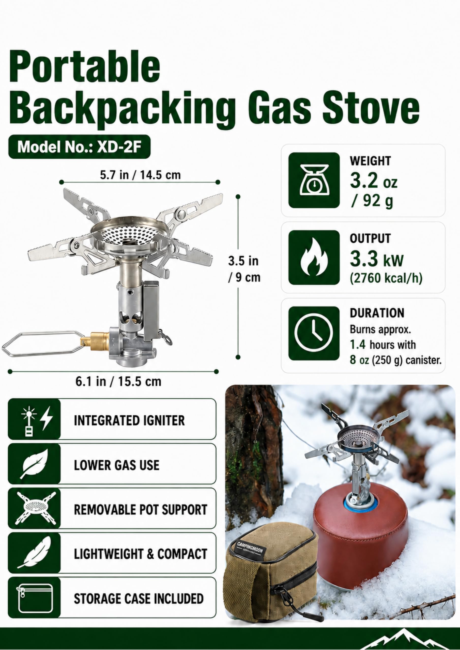 Campingmoon Réchaud compact pliable avec micro régulateur avec 4Flex et allumeur XD-2F