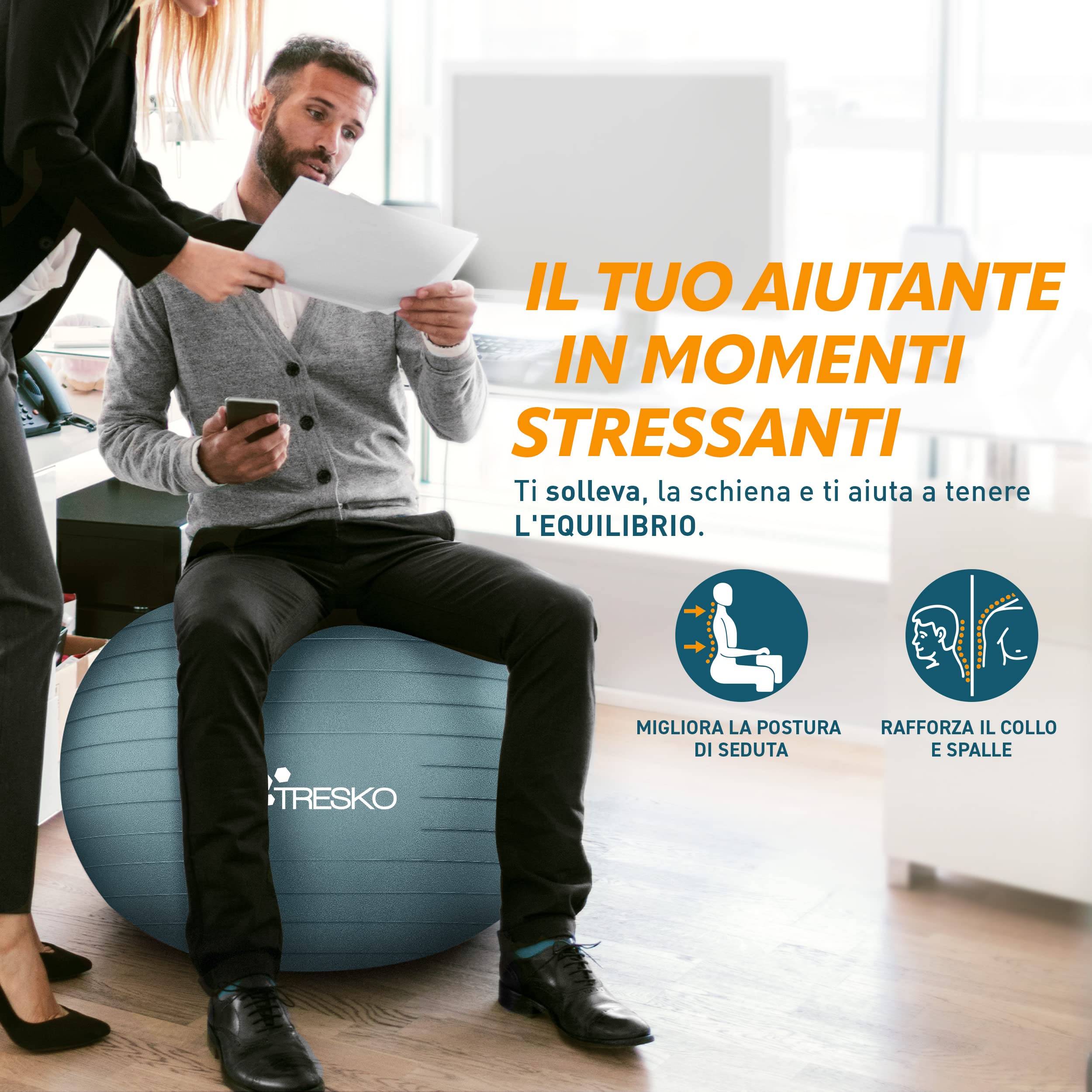 TRESKO Palla Fitness, Palla Pilates Anti-Scoppio 55cm/65cm/75cm/85cm Palla da Ginnastica con Pompa Rapida per Fitness Yoga e Pilates