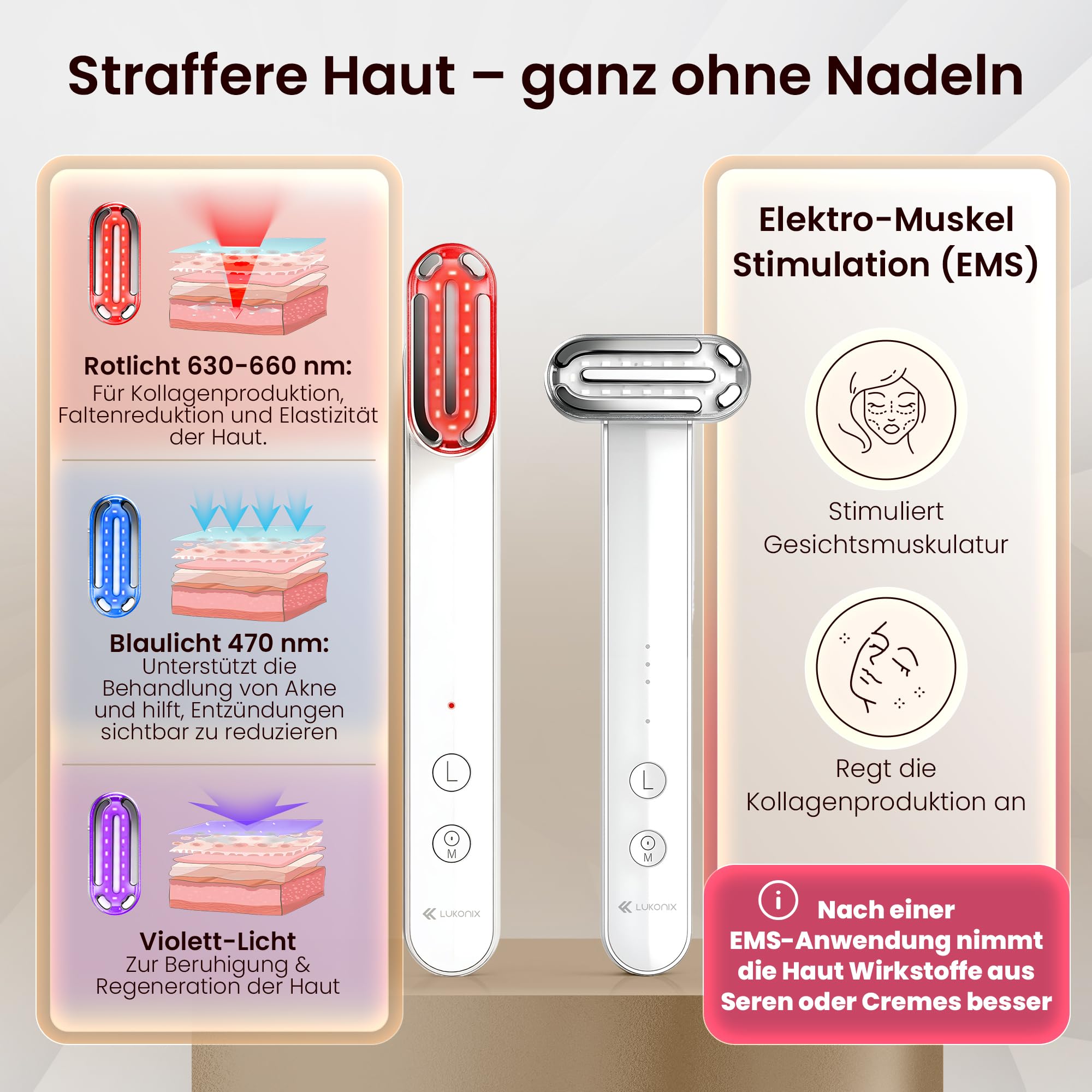 EMS Gua Sha elektrisch Gesichtsmassagegerät gegen Falten [5-in-1 tragbar & wiederaufladbar] Guasha Rotlicht Maske Gesicht | Red Light Therapy Face Lifting Gerät mit Rot, Blau- & Violettlicht