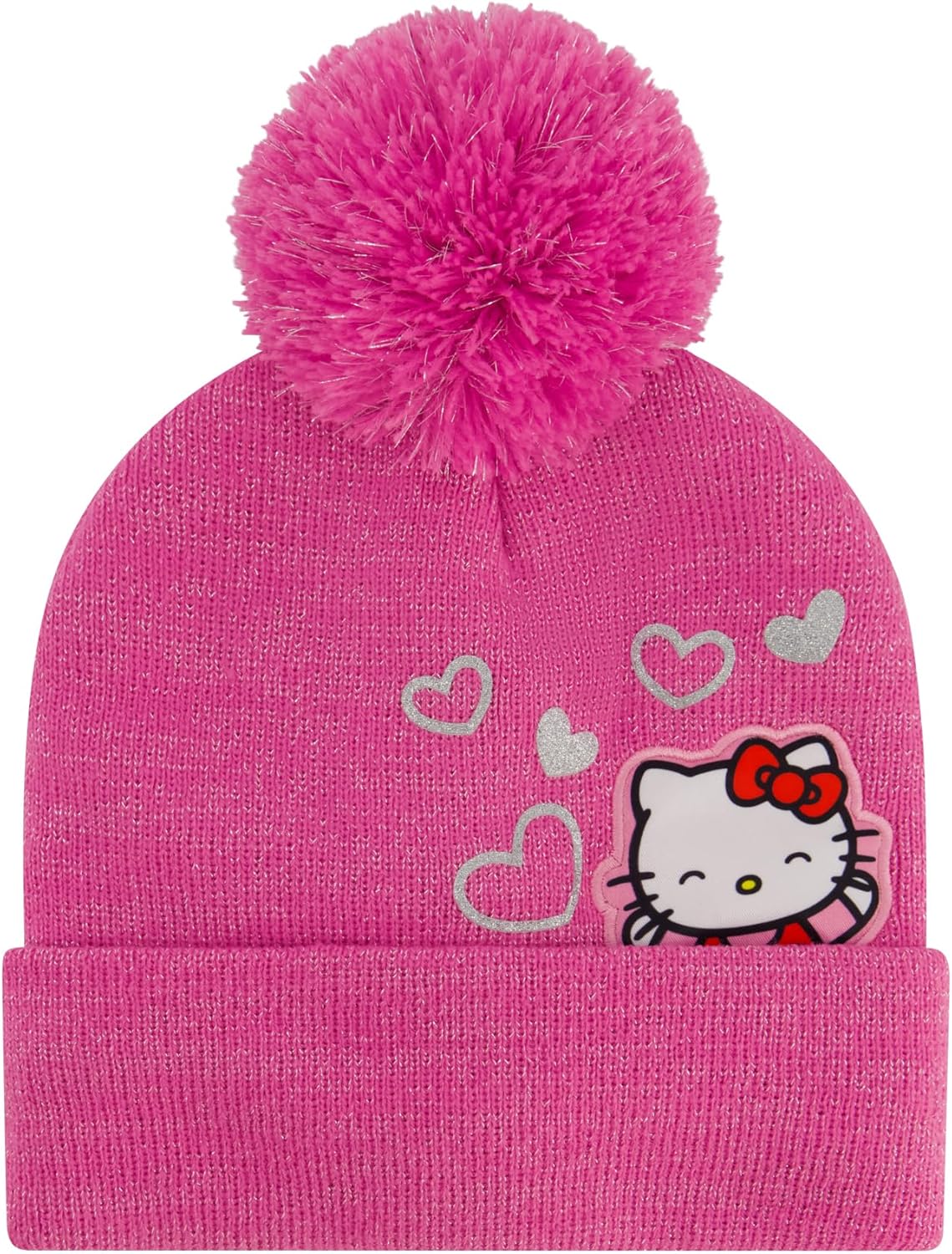 Hello Kitty Girls Beanie Hat and Gloves Set, Cuffed Knit Cap with Pom and Matching Mittens, Pink, One Size - Image 2