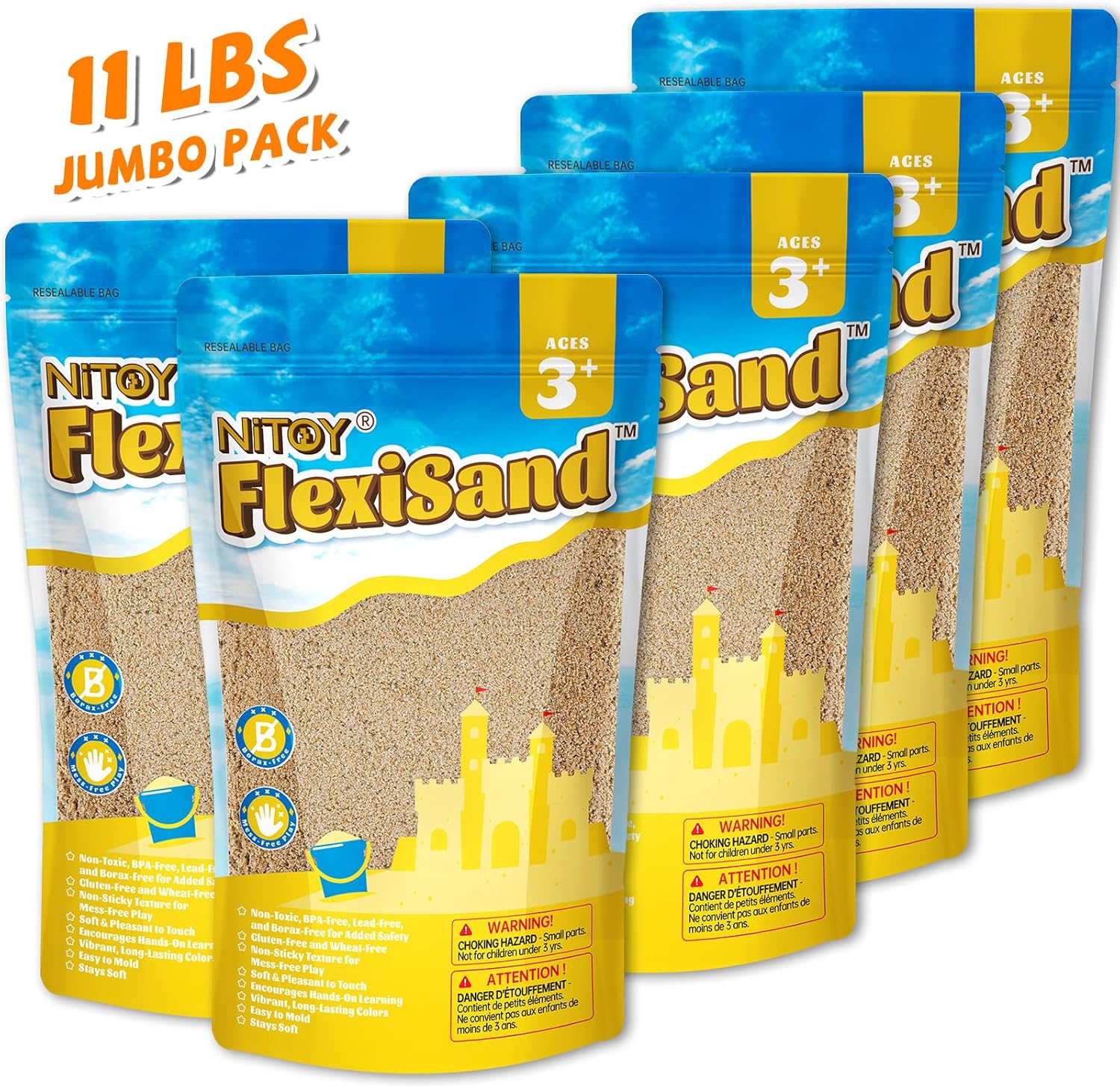 NiToy FlexiSand 11 lbs Moldable Self-Sticking Sand, Never Dries Out Fun for 3 Years and Up Kids Bulk Refill for Sensory Sand Box Toys, Ideal for Shaping, Squeezing, Scooping and Rolling (Dark Yellow)