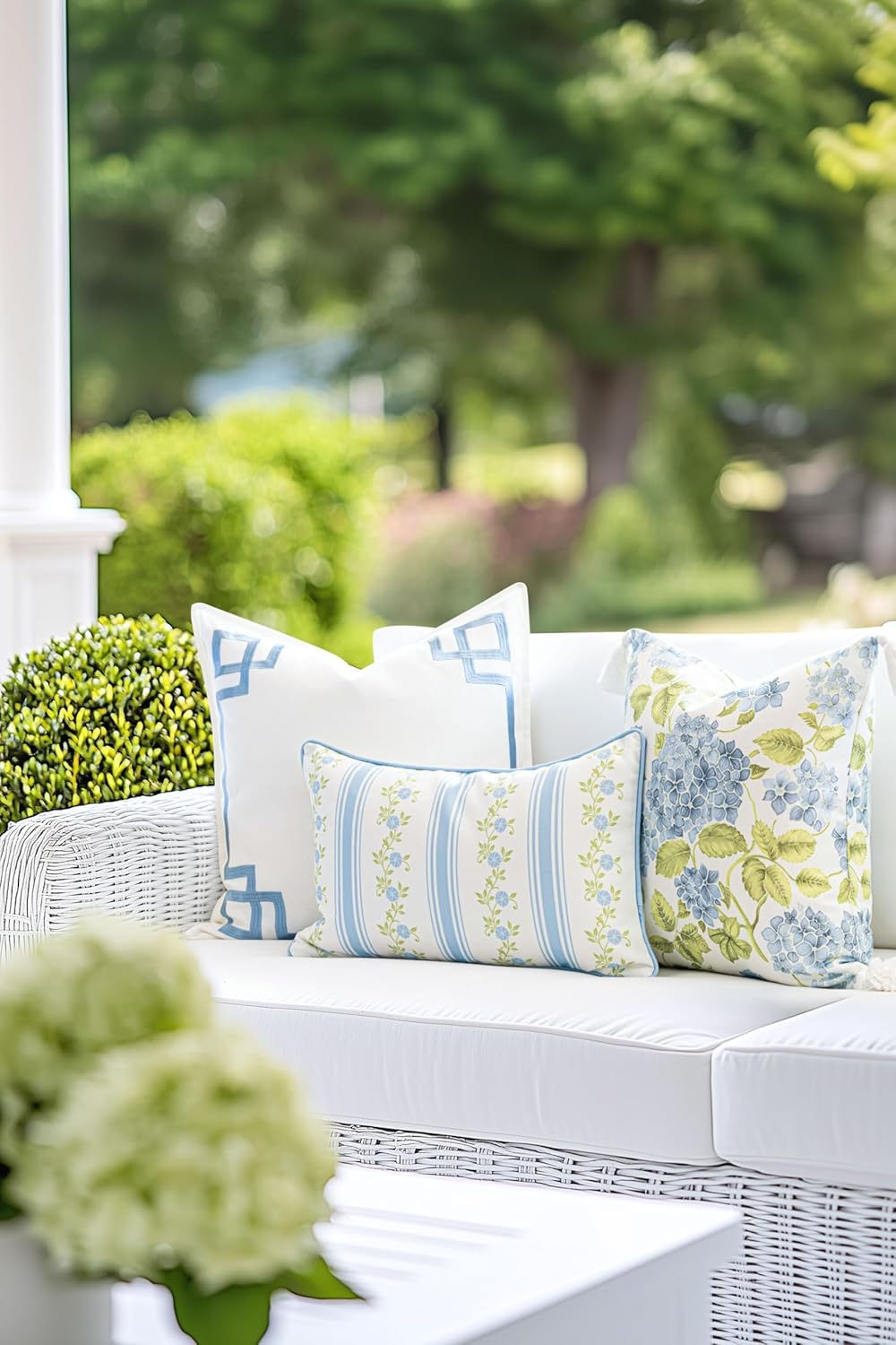 Hofdeco Premium Coastal Patio Indoor Outdoor Throw Pillow Cover Only, 18"x18" Water Repellent for Backyard, Couch, Baby Blue Green Print Sketch Hydrangea Flower