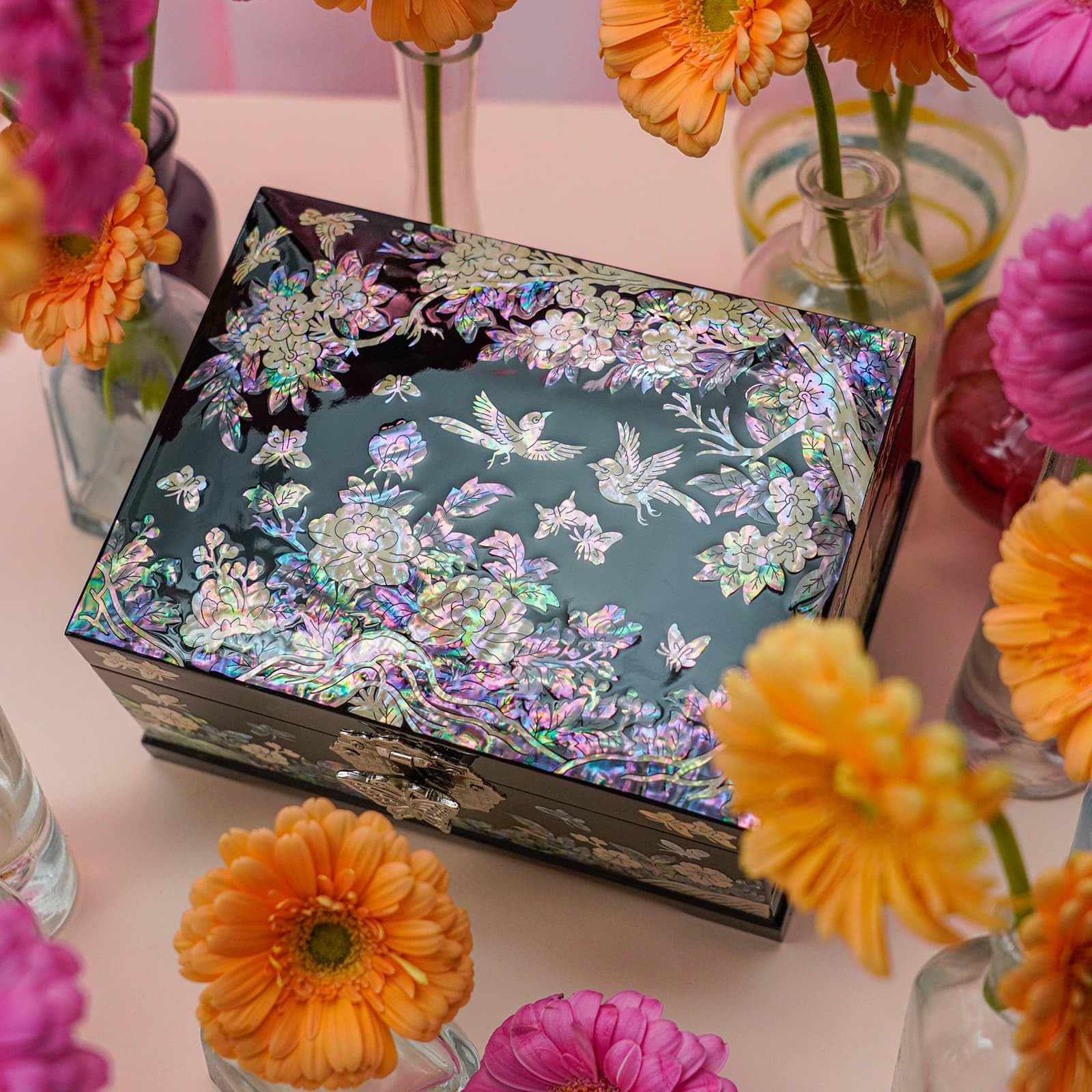 February Mountain Mother of Pearl - Scatola decorativa per gioielli a due livelli, fatta a mano, arte coreana, regalo per le donne
