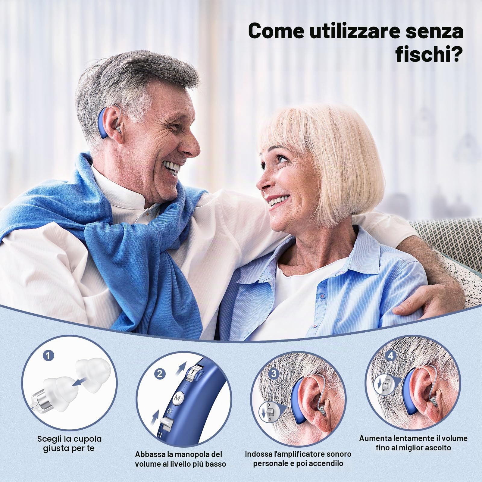 Apparecchi Acustici Ricaricabili per Anziani con Cancellazione del Rumore e Controllo del Volume Amplificatori Digitali per Adulti con Perdita dell'Udito Apparecchi Acustici BTE per Anziani (Blu)