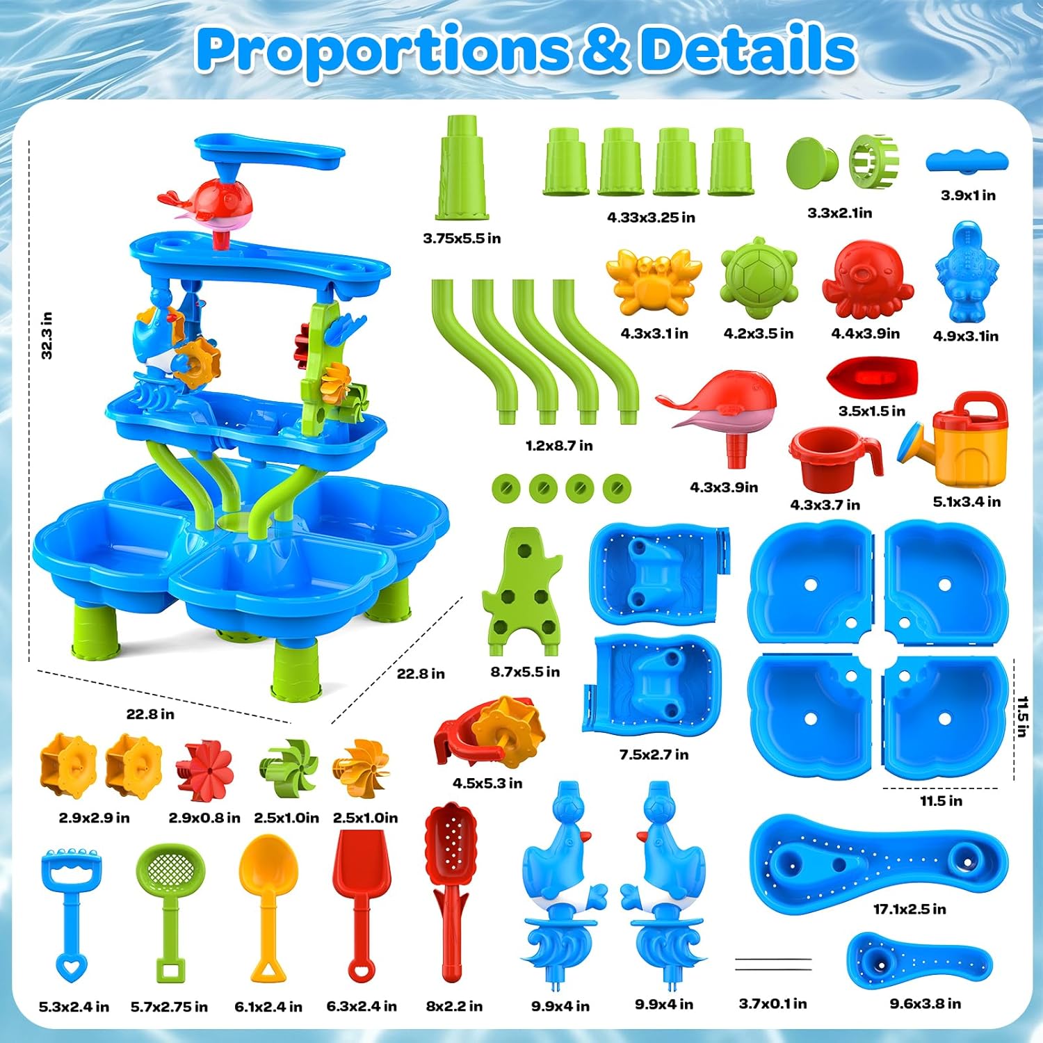 Water Sand Table for Toddler Kids - 4-Tier Multifunctional Summer Toys,Outdoor Backyard Beach Playset with Stable Design,Sensory Learning Activity Game Gift for Boys Girls(Ocean Blue)