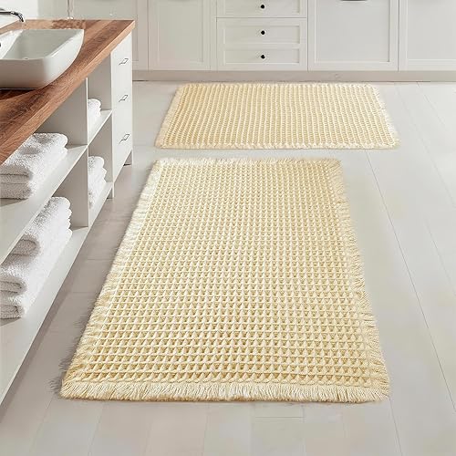 Juego de 2 alfombras de baño de gofre, alfombras de baño bohemias súper absorbentes, alfombras de ducha antideslizantes para suelo de baño y bañera,