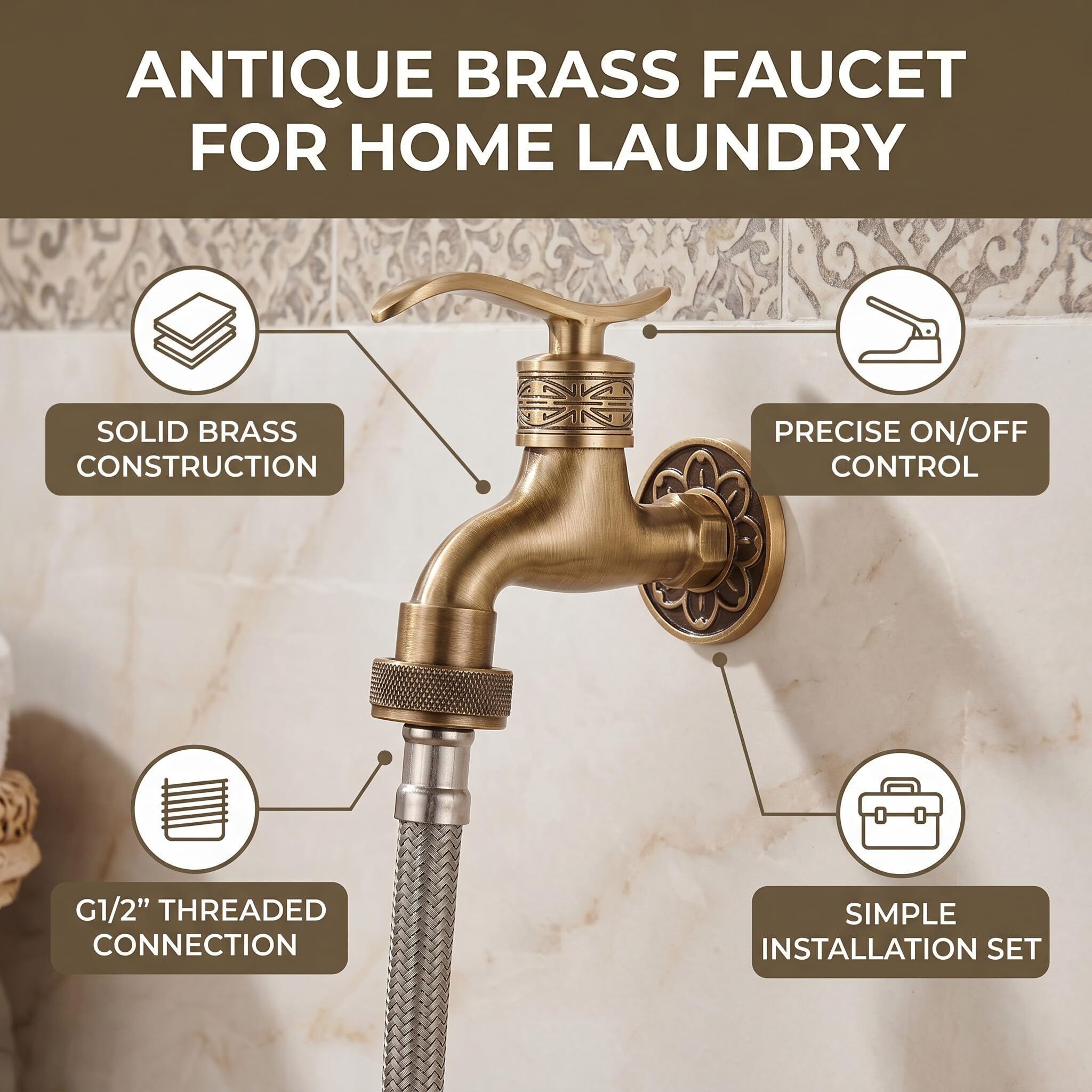 Robinet Laiton Antique Mural Haute Durabilité - Contrôle Précis Froid et Chaud pour Salle de Bains Jardin Lave-linge, Design Élégant Antique avec Tuyau Long Installation Facile Idéal Maison Familiale