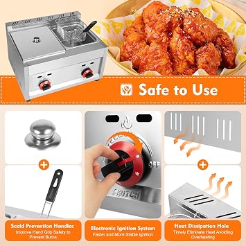 6L Commercial 2 Basket Countertop Gas Fryer Propane LPG Stainless Steel Deep Fryer Turkey Double Deep Fryer Countertop Fryer for Home Kitchen Restaurant