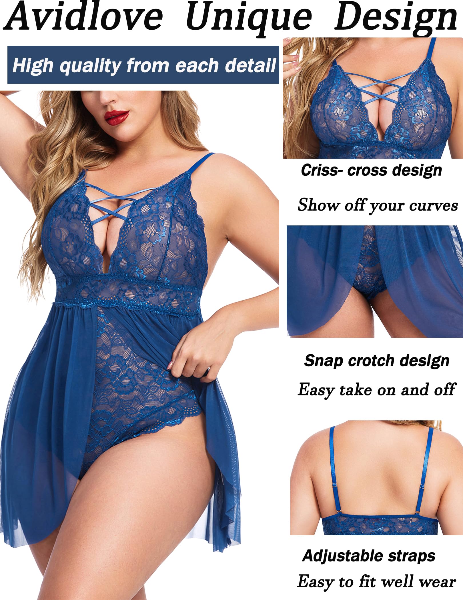 Avidlove Plus Size Babydoll Womens Snap Crotch Lingerie V Neck Lace Nighty Sleepwear L-5XL: Blue XX-Large