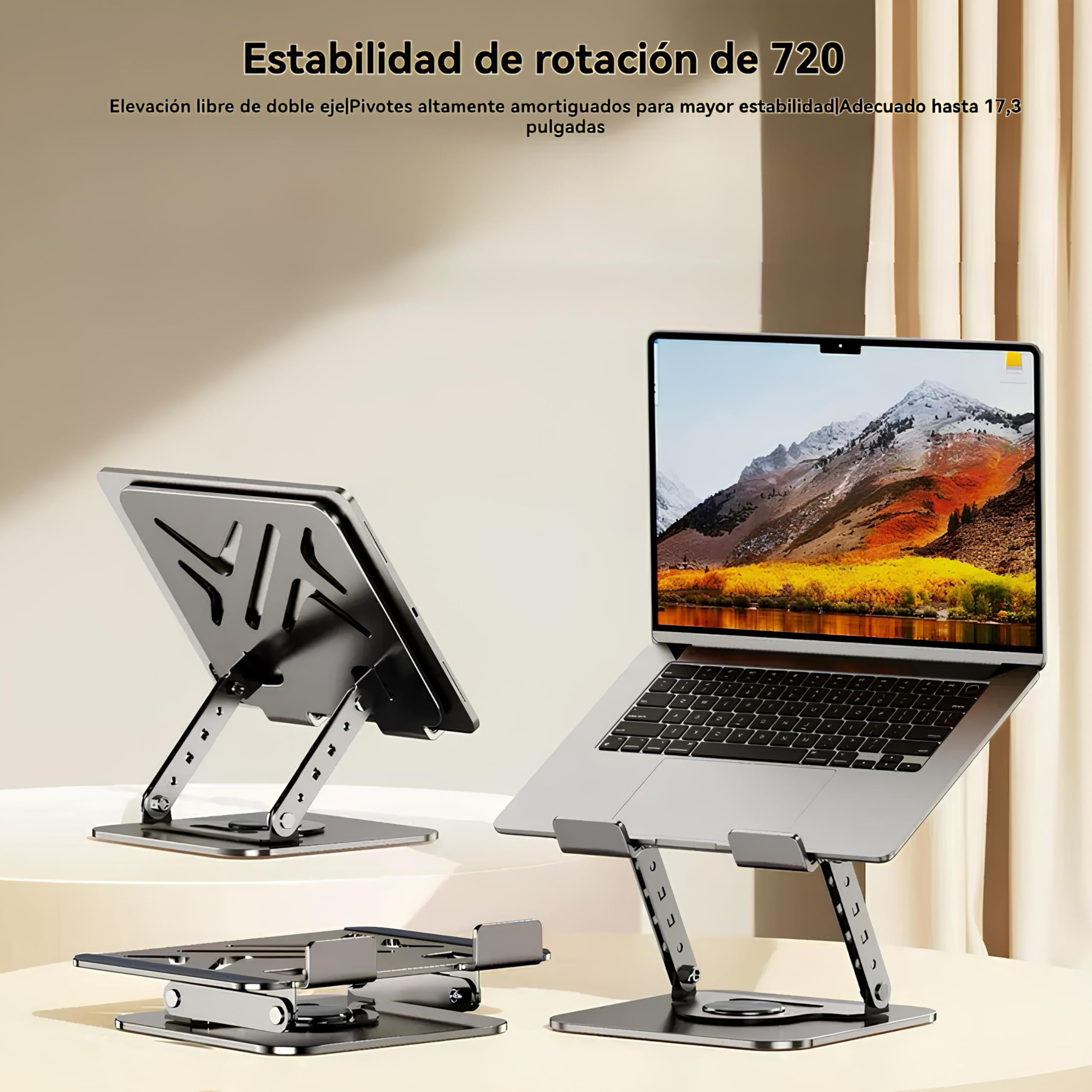 Soporte para Portátil Plegable y Ajustable con Base Giratoria 360° – Elevador Ergonómico con Ventilación Mejorada, Compatible con Laptops de 11 a 17 Pulgadas, Ideal para Oficina y Teletrabajo