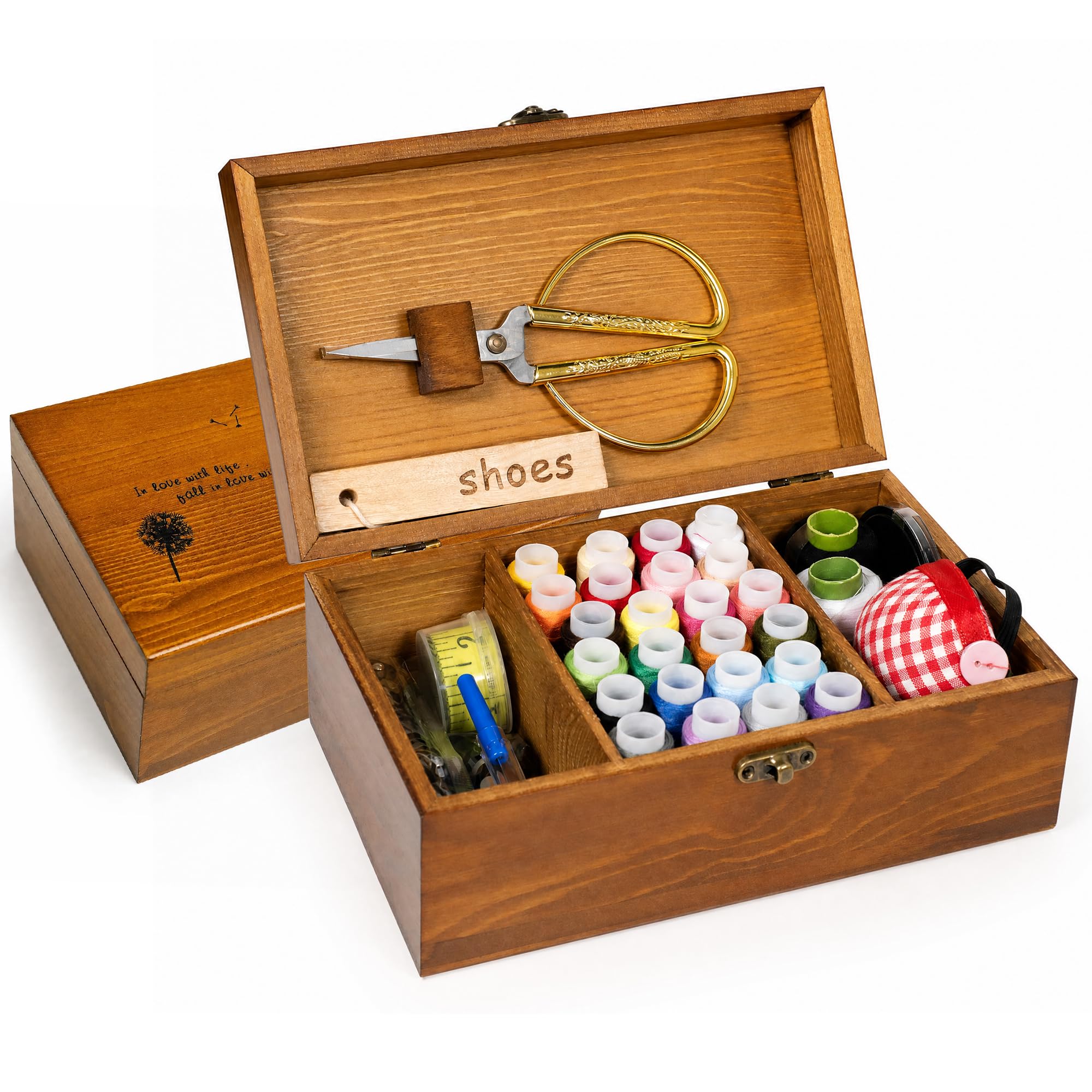 BTU Kit de costura caja cesta, kit de herramientas de reparación de costura de madera para el hogar, kit de costura universal para principiantes, accesorios para mujeres, hombres, adultos, niños