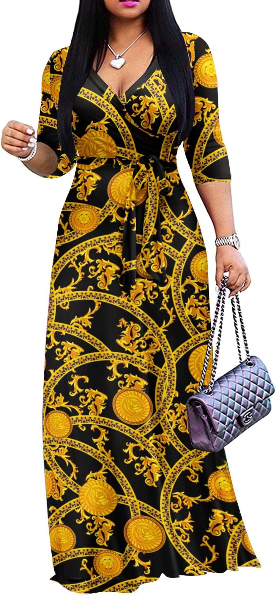 FANDEE Plus Size Maxi Dress for Women Casual Summer Sundress V-Neck 3/4 Sleeve