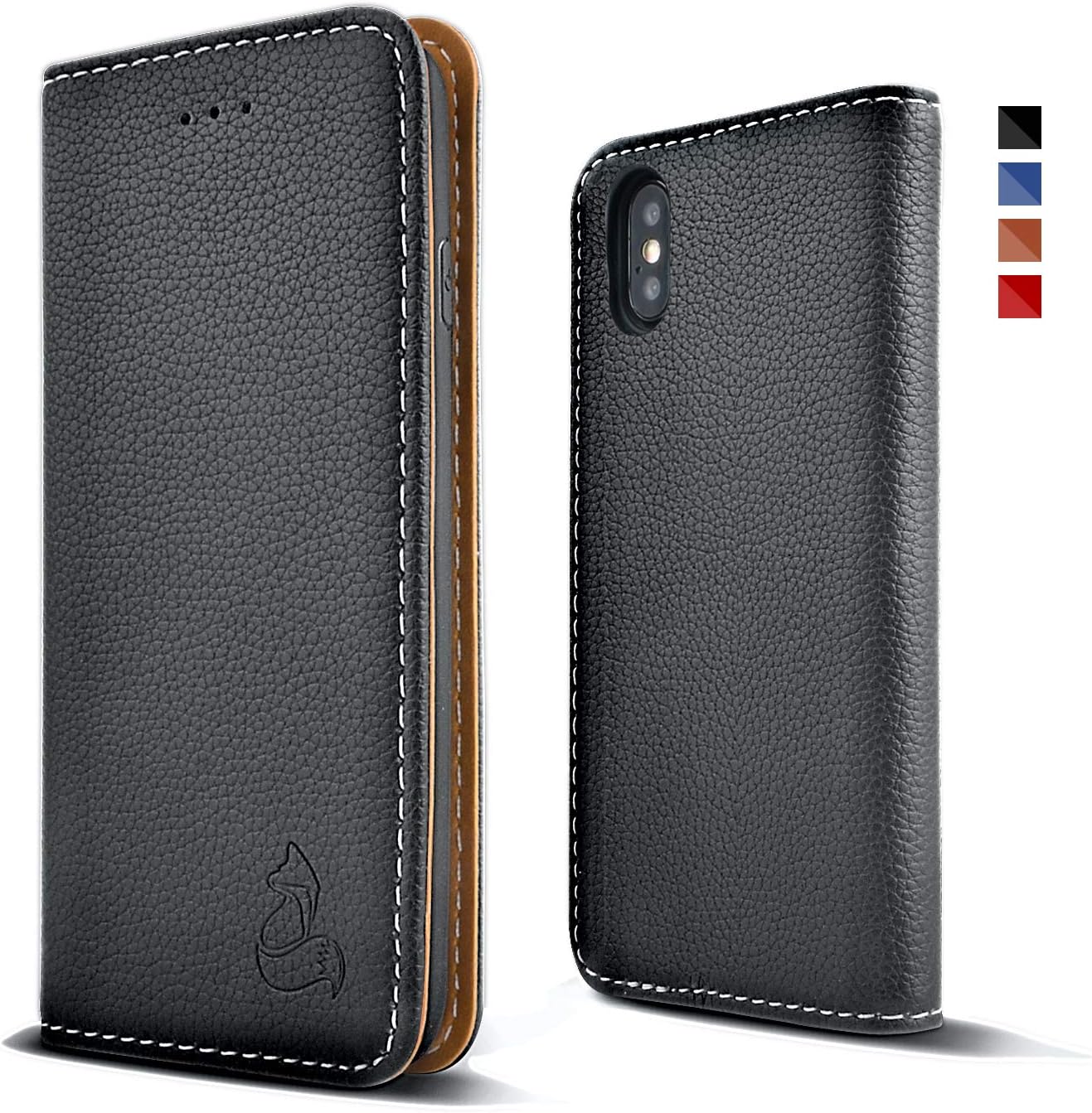 Vix and Fox iPhone X/XS Case Cover, Premium Vintage Leather Flip Wallet with [Updated Auto Wake/Sleep Feature] [Magnetic Closure] [Viewing stand] [Card Slot][Wireless Charging] (Black)