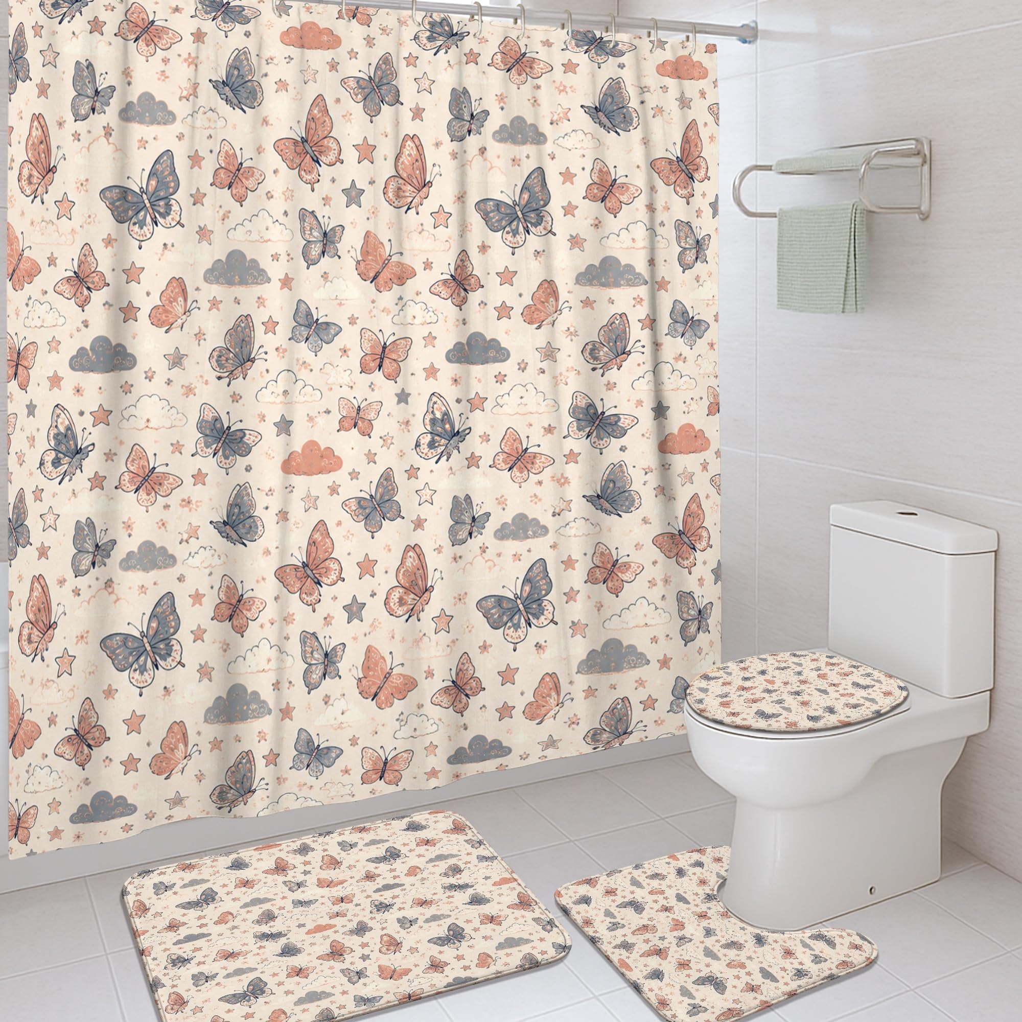 Rideau de douche imperméable et tapis antidérapant au motif nuage fantaisie