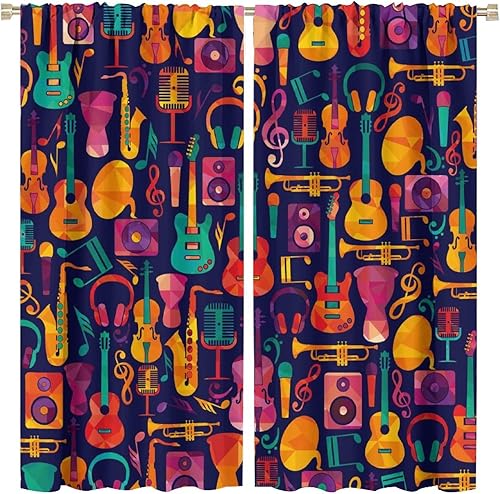 Miniatura 31 de Cortinas de música retro, notas musicales abstractas en blanco y negro, con bolsillo para barra, cortinas opacas para ventana para sala de estar,