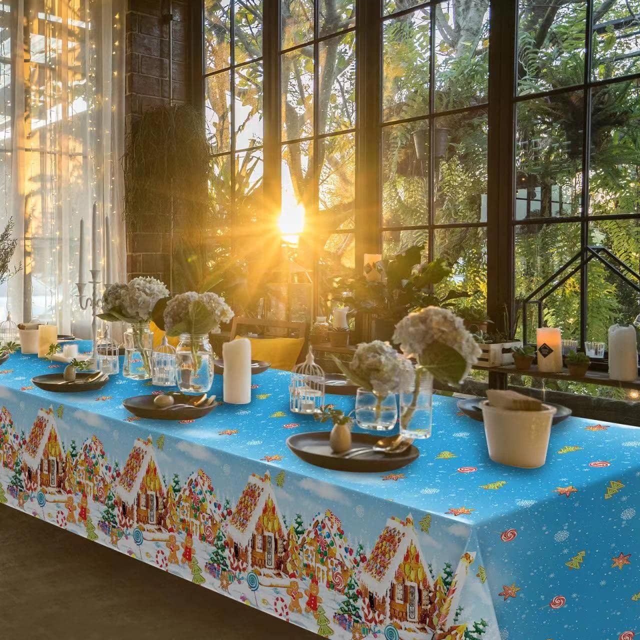 6Pcs Christmas Gingerbread House Party Tablecloth Decorations, Plastic Gingerbread Boy and Girl Candy Sign Table Cover Backdrop for Christmas Winter Holiday Wonderland Party Supplies, 54 x 108 Inch