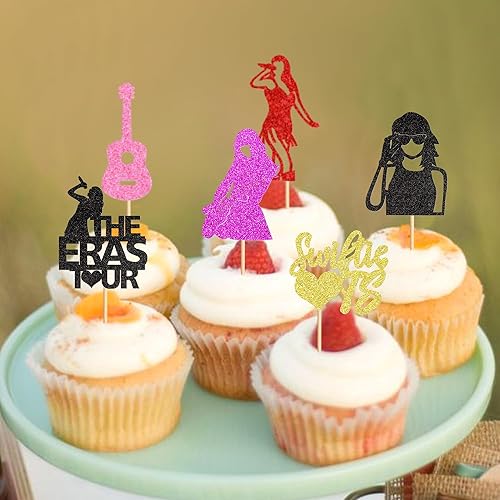 Miniatura 4 de Ercadio Swiftie - Paquete de 24 adornos para cupcakes con purpurina para cantante musical, guitarra, cupcakes, I Love Ts Lovers para Legand Since