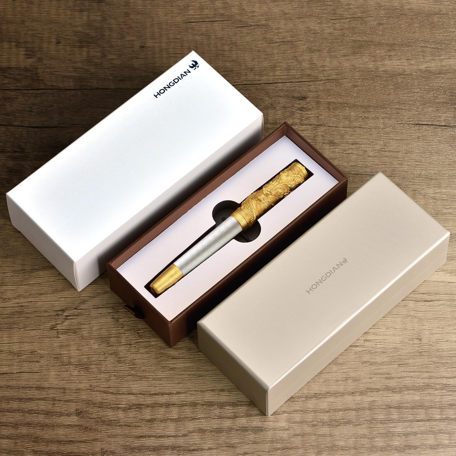 HONG DIAN A24 Fountain Pen Fine Nib, Snow White & Golden Dragon Stereoscopic Carving Cap Design