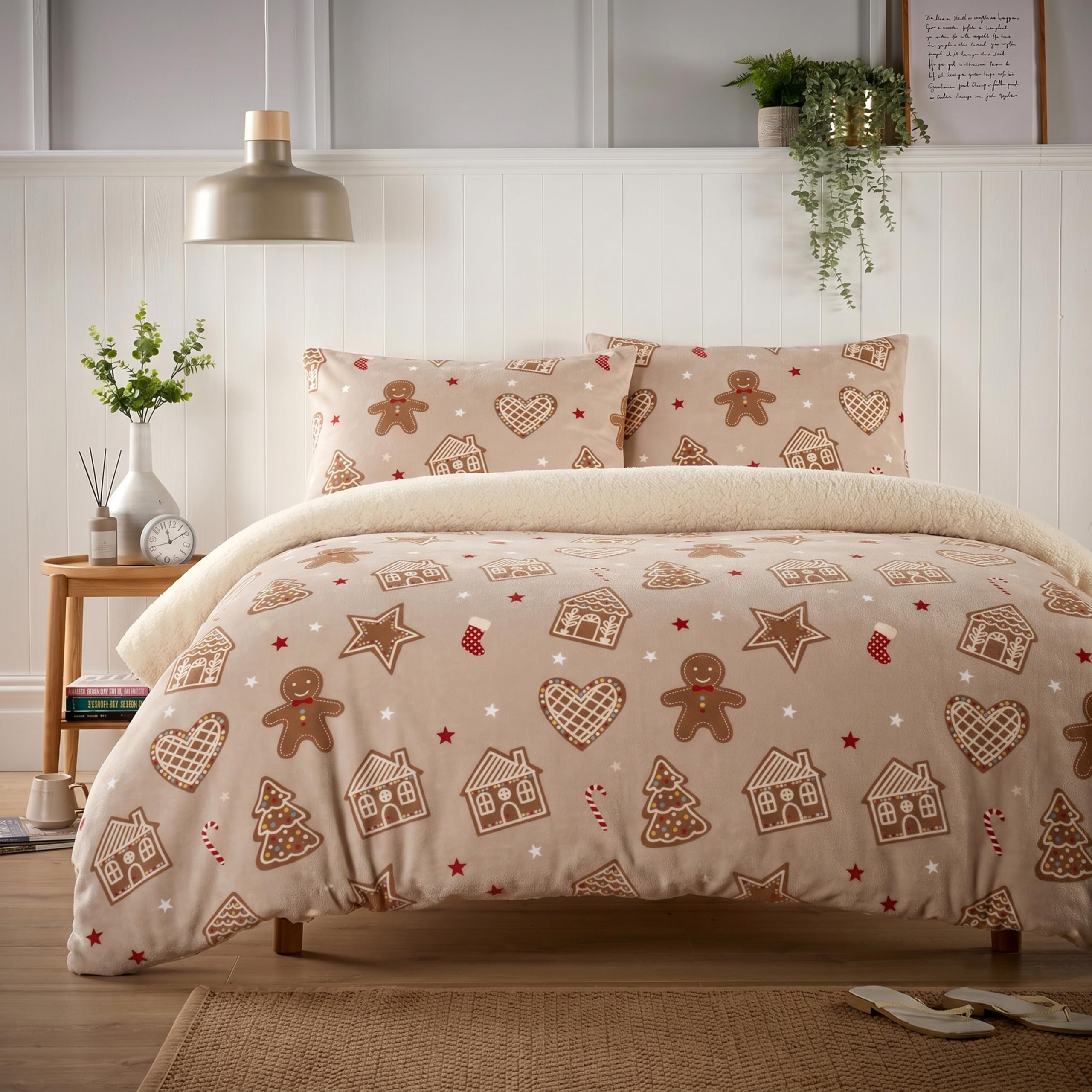 Olivia Rocco Teddy Fleece Duvet Cover Set Printed Super Soft Quilt Bedding Sets Warm Winter with Pillowcase (Ginger Bread & Candy Canes, Double)