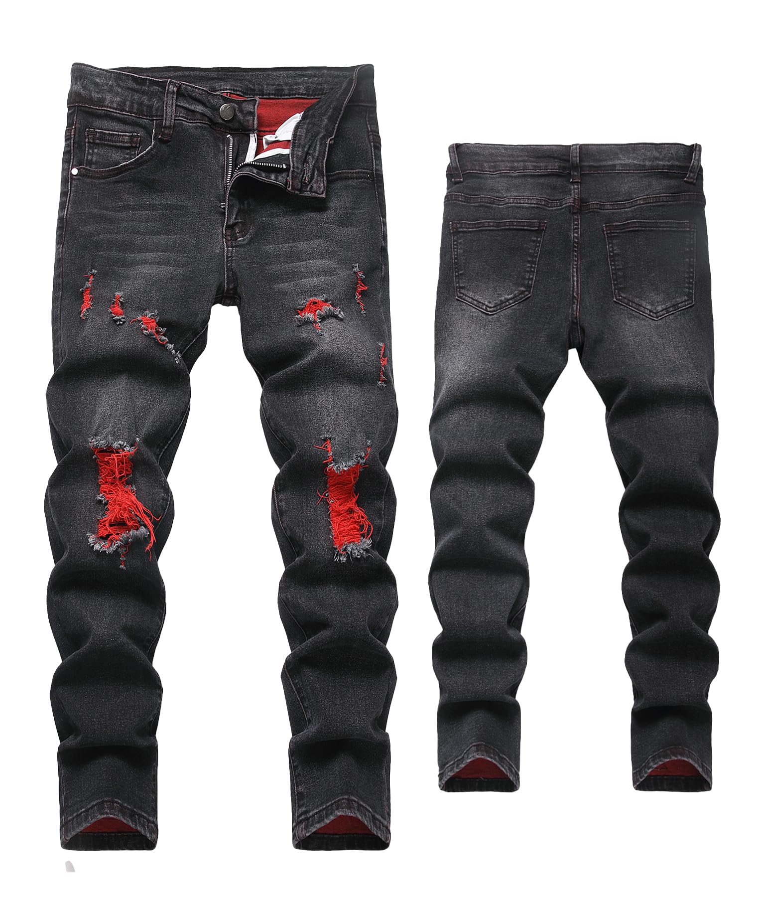 FEOYA Kids Jean Slim Fit prążkowane spodnie dla nastolatków skinny denim, chłopięce spodnie dżinsowe, podarte, elastyczne, dla dzieci, na wiosnę, z gumowym ściągaczem, długie z otworami, 7-16 lat