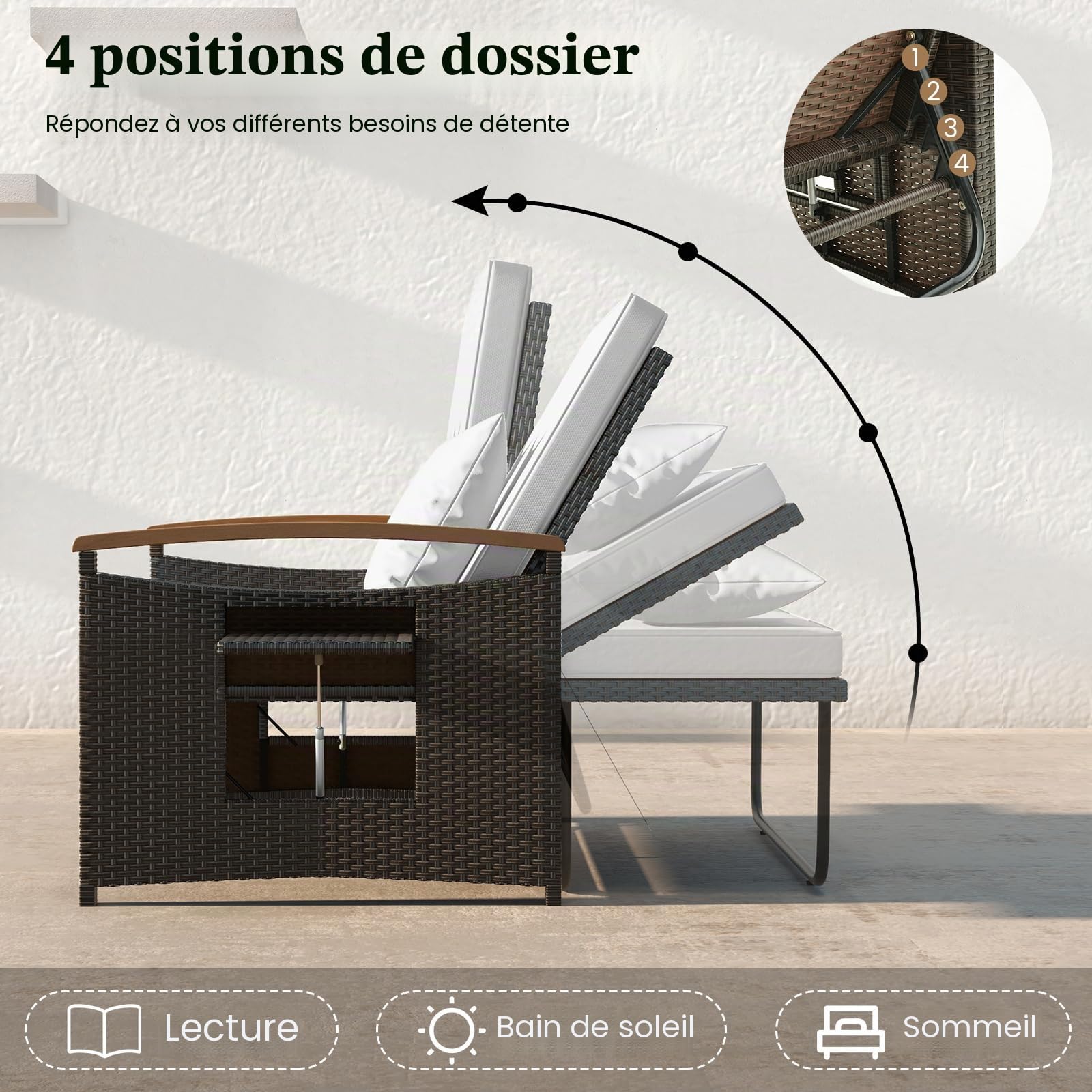 GIANTEX Canape Exterieur Jardin en Rotin PE, Ottoman de Rangement, Accoudoirs en Bois d'Acacia, Dossier Réglable, Tables d'Appoint Rétractables, Coussins Doux, pour Porche, Patio, Marron+Blanc
