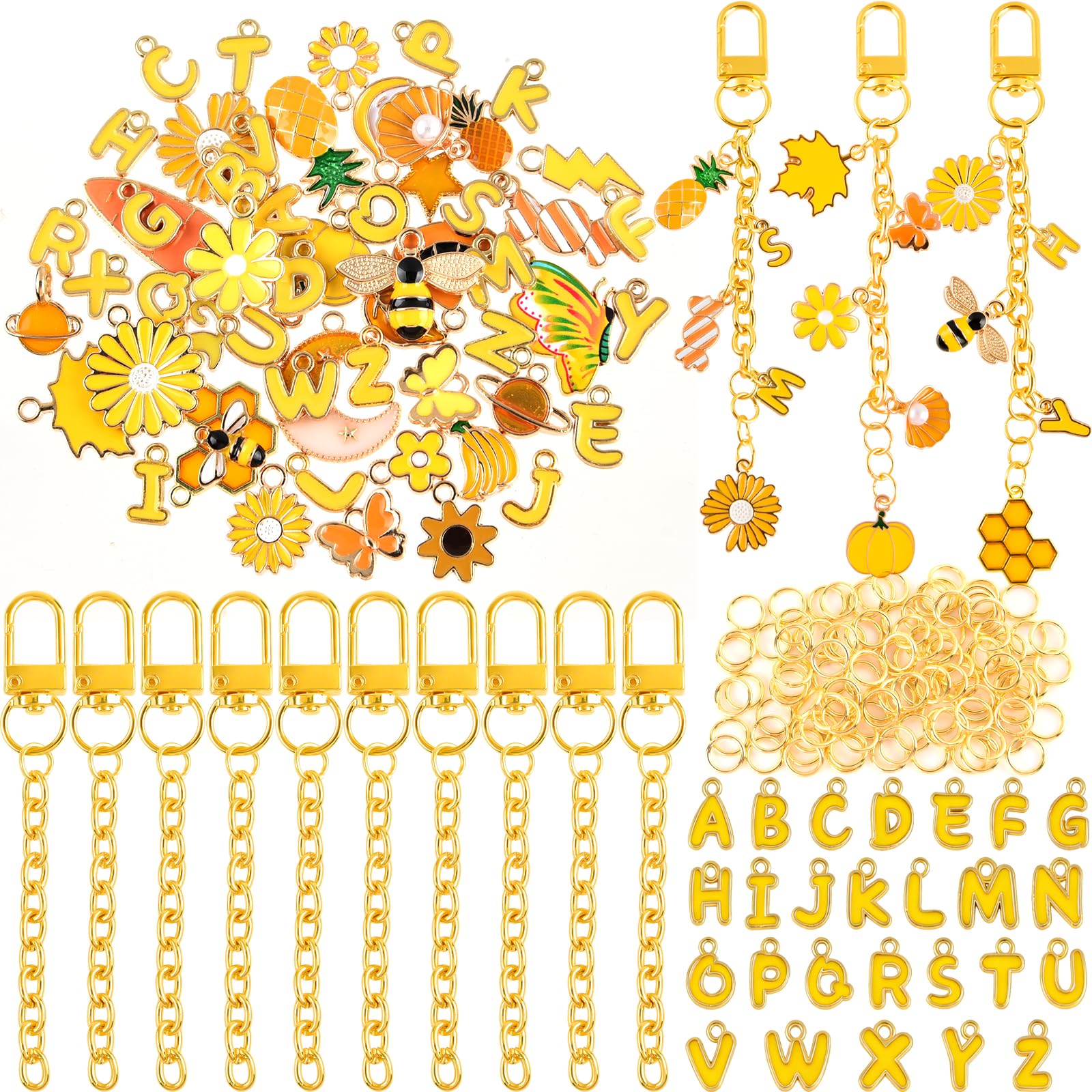 NEBURORA Bag Charms Kit Lip Gloss Keychain Making Kit,56 Cute Charms 10 Keychain Clips with Key Chain Hooks and 100 Jump Ring Jewelry Making Kit for DIY Women Gifts Craft Supplies（Yellow