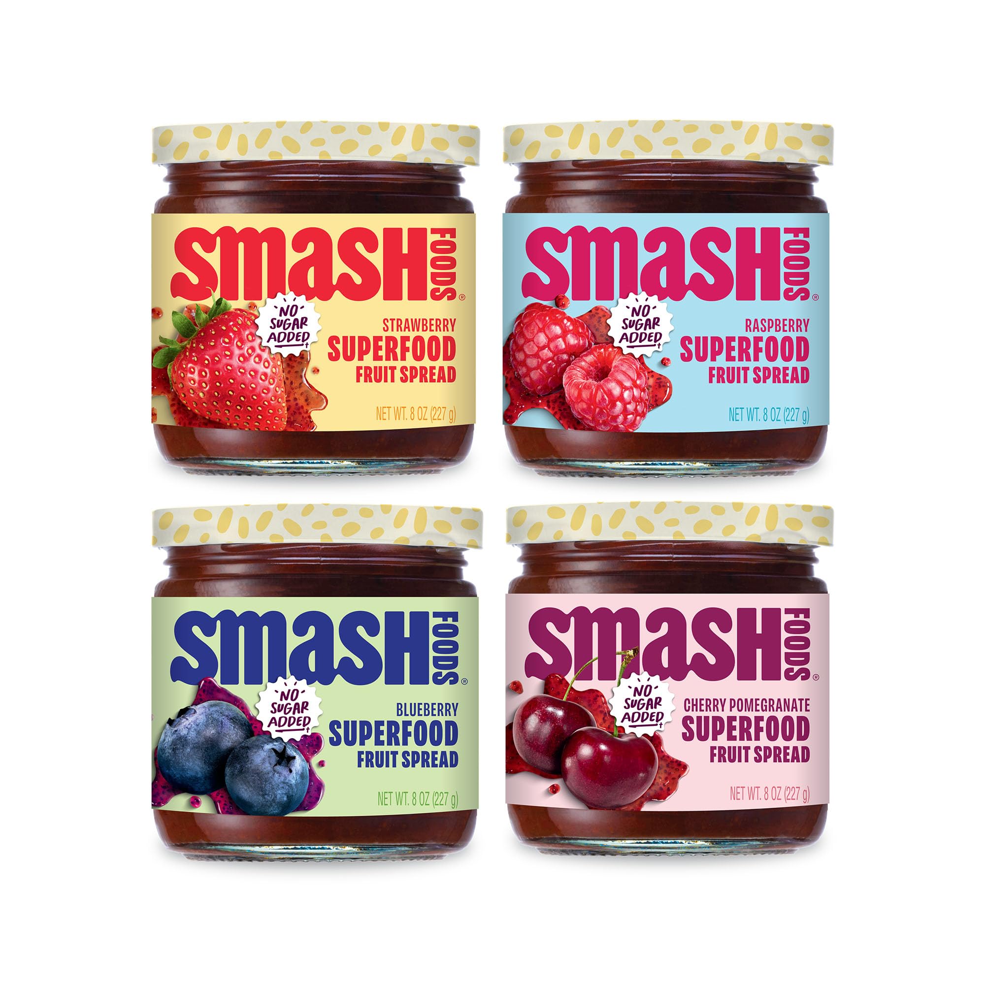 Chia Smash Jam, Variety 4-Pack | No Sugar Added, Naturally Sweet Jelly | Keto Friendly, Low Calorie, Low Carb | Non GMO, Upcycled, Vegan, Plant Based, Paleo | Strawberry, Raspberry, Blueberry, Cherry