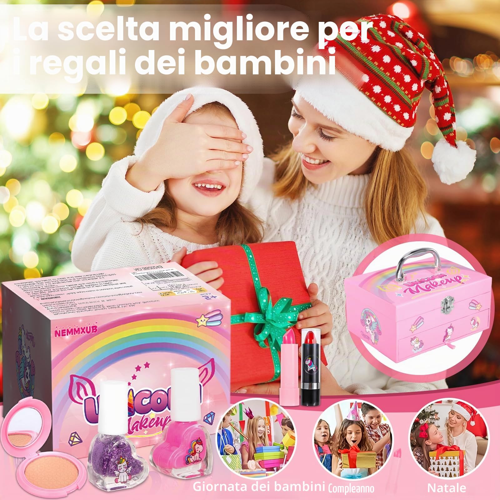 Set Trucchi per Bambini, 59 Pezzi Lavabile, Valigetta Trucchi, Giochi Natale Halloween Compleanno Regalo 5-12 Anni