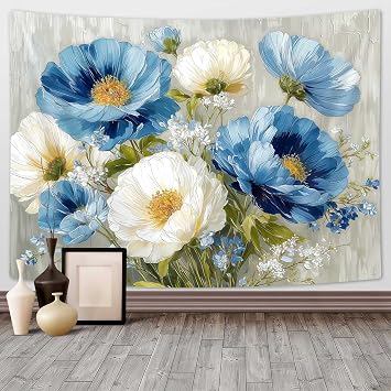 DYNH Blue White Floral Tapestry,Natural Aesthetics Elegant Tapestrie,Modern Flower Painting Wall Hanging,Watercolor Aesthetic Art Decor for Bedroom Living Room Dorm,60X40 In