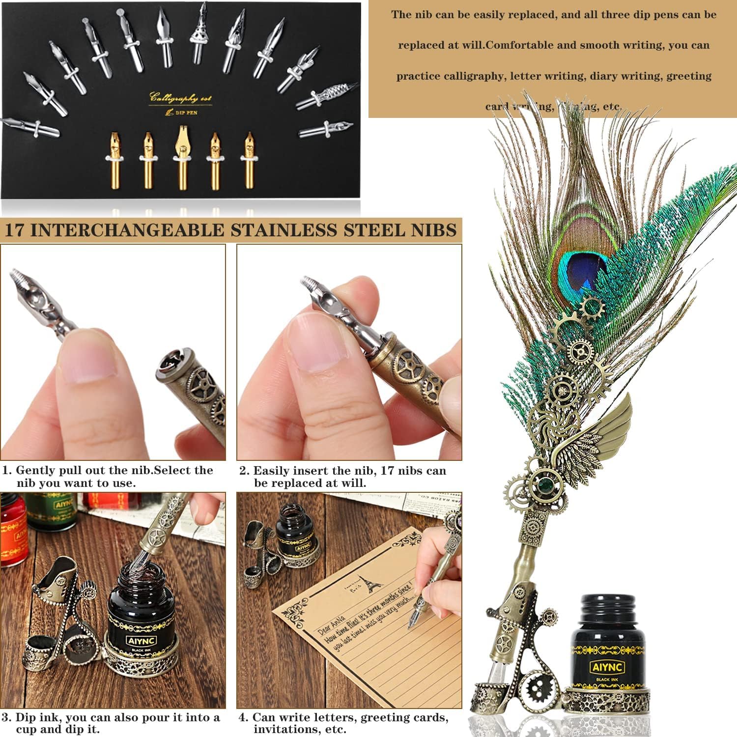 Quill Pen Lot d'encre avec stylo plume en bois, 6 bouteilles d'encre, 16 feuilles de papier à lettres, 2 enveloppes, 17 plumes, porte-stylo, 2 bouteilles de cire laquée feu, tampon,
