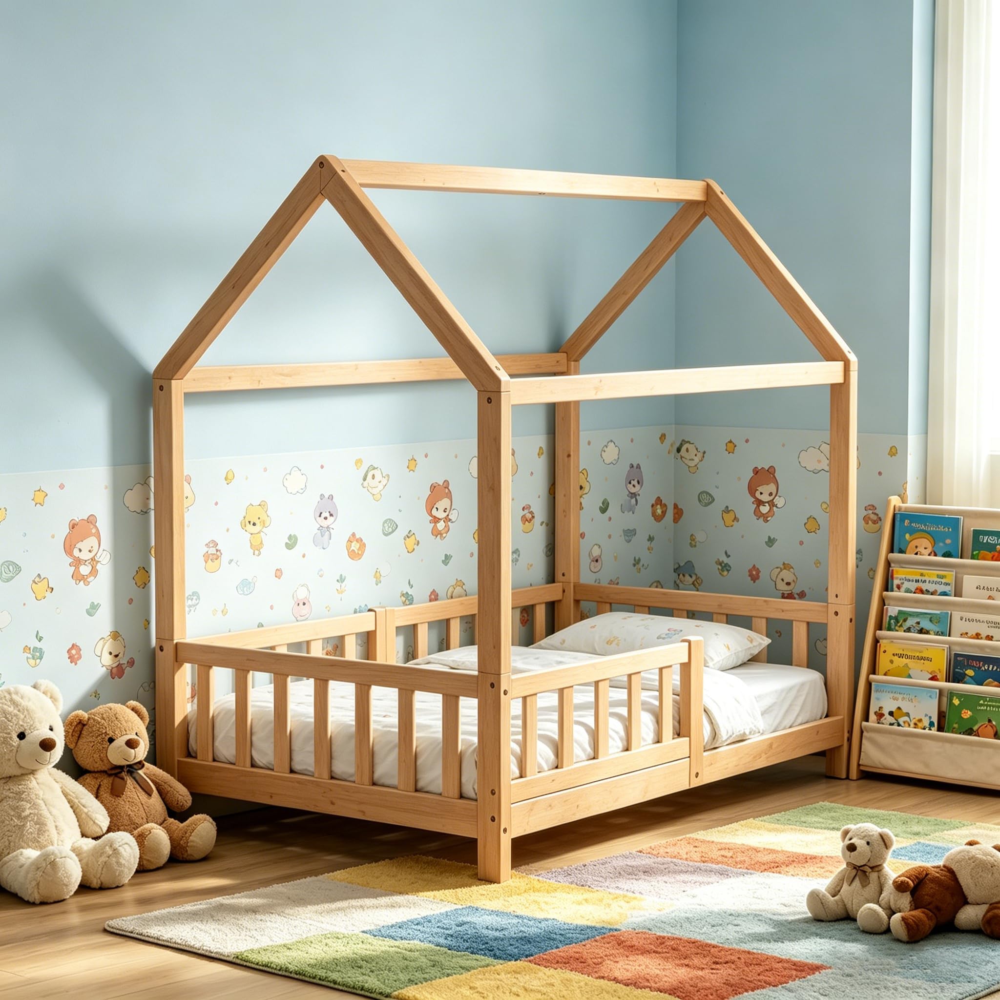 Bodenbett 70x140 cm Montessori Kinderbett mit Rausfallschutz & Lattenrost Kiefer Massivholz bis 100 kg belastbar für Jungen Mädchen Kinder Bett