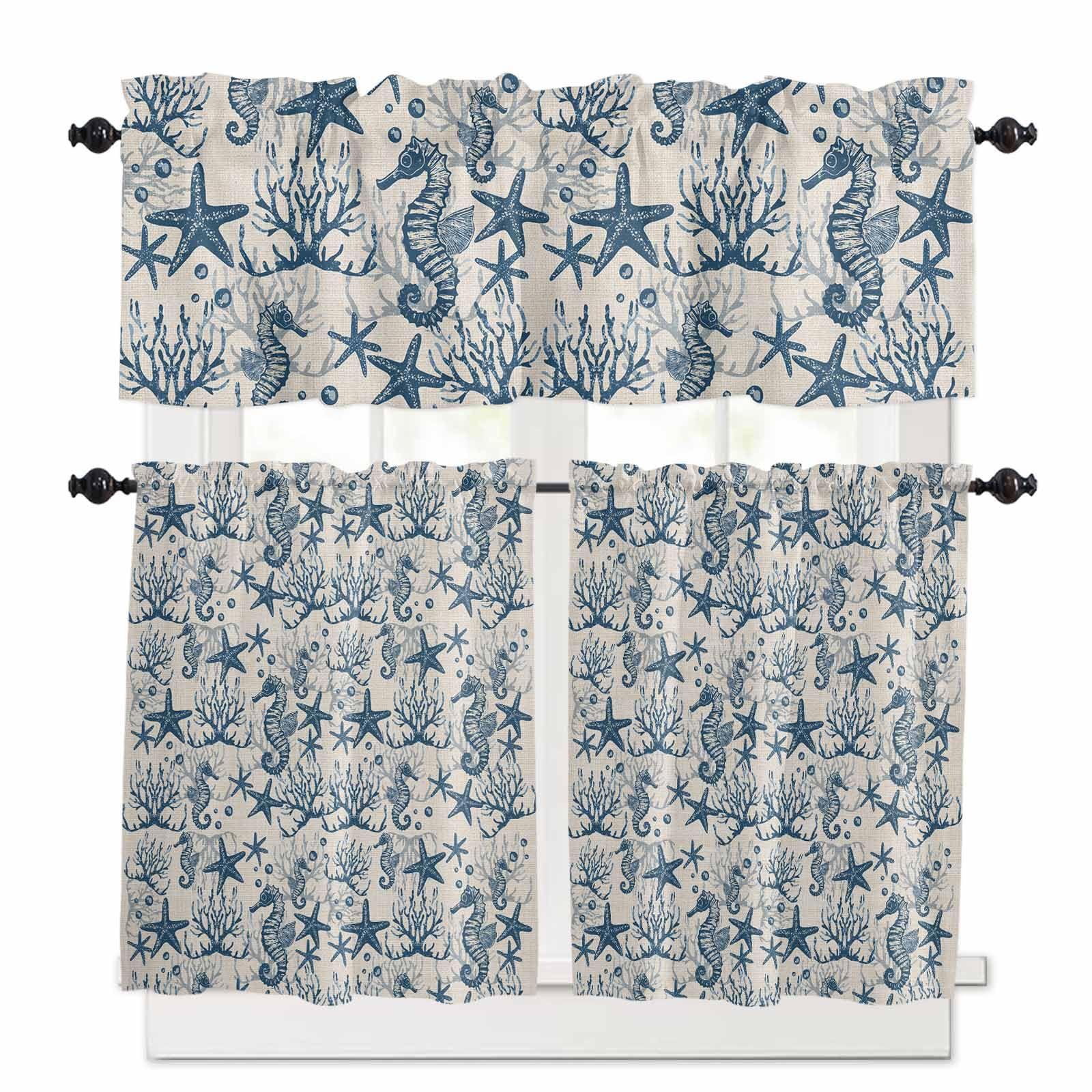 Coastal Ocean Kitchen Curtains 36 Inch Length, 3 Piece Rod Pocket Small Half Tiers and Valance Set, Vintage Seahorse Starfish Coral Small Large Window Treatment Decor for Bedroom/Bathroom Sink