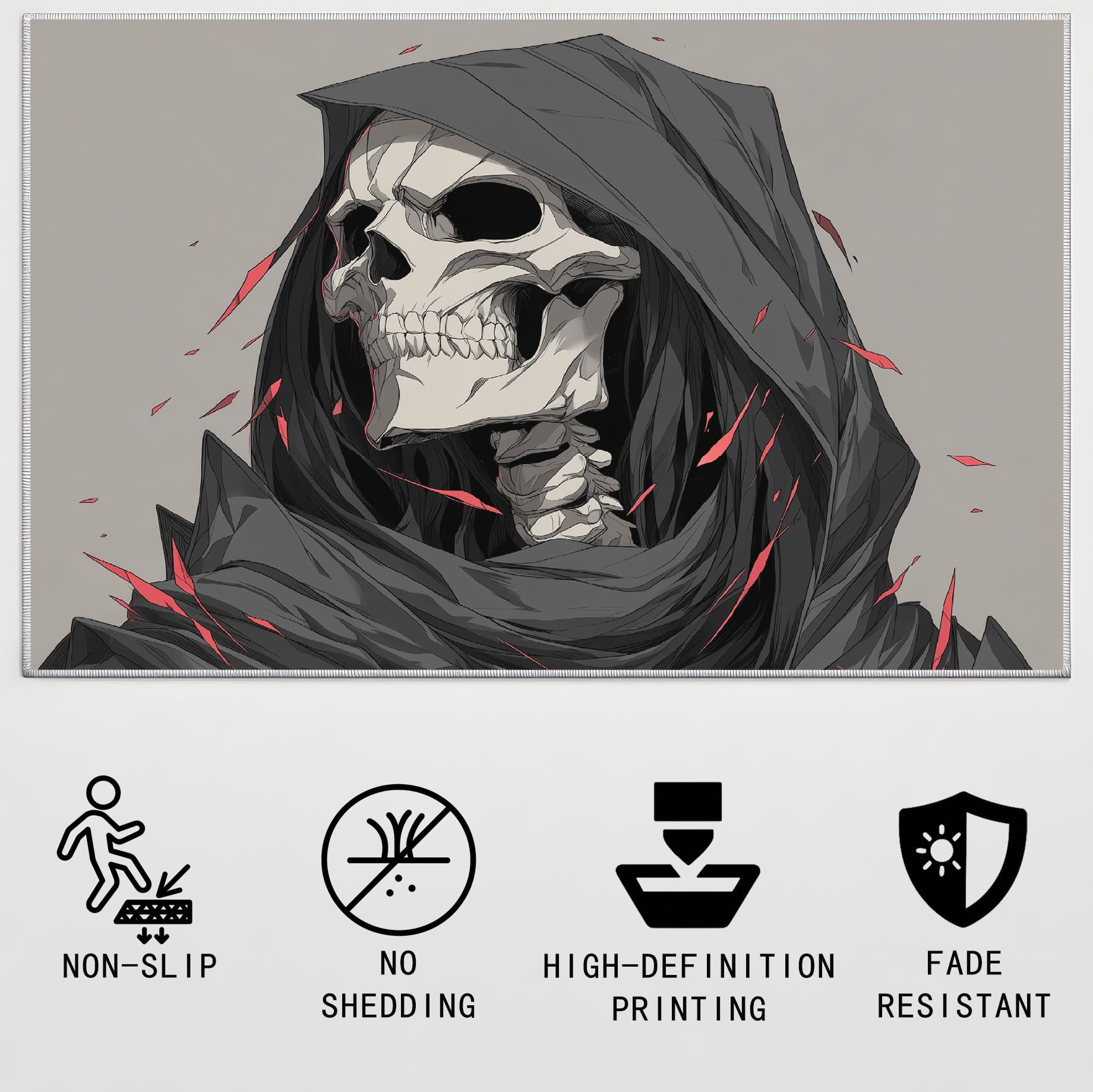Generisch Miękki dywan, komiksowy, na Halloween, nadaje się do prania, fantazyjny dywan, szkielet, kaptur, szary, odporny na światło, do salonu, sypialni, pokoju młodzieżowego, pokoju zabaw, 80 x 150