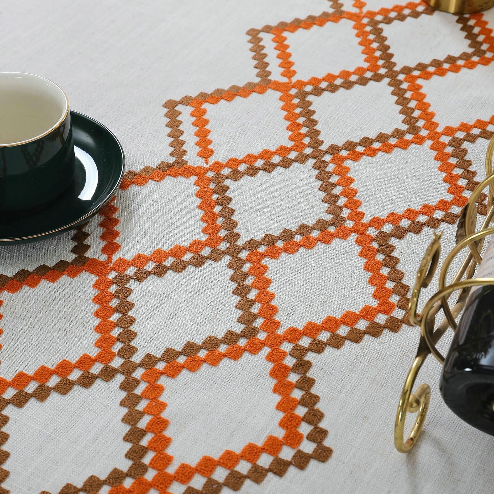 Nappe Rectangulaire Brun Orange en Lin pour Cuisine 140 x 220 cm