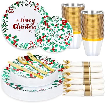 175PCS Christmas Party Supplies - Christmas Plastic Dinnerware Set for 25 Guests, 50 Plastic Plates, 25 Cups, 25 Pre-Rolled Napkins with Cutlery, Berry Leaf Design for Xmas