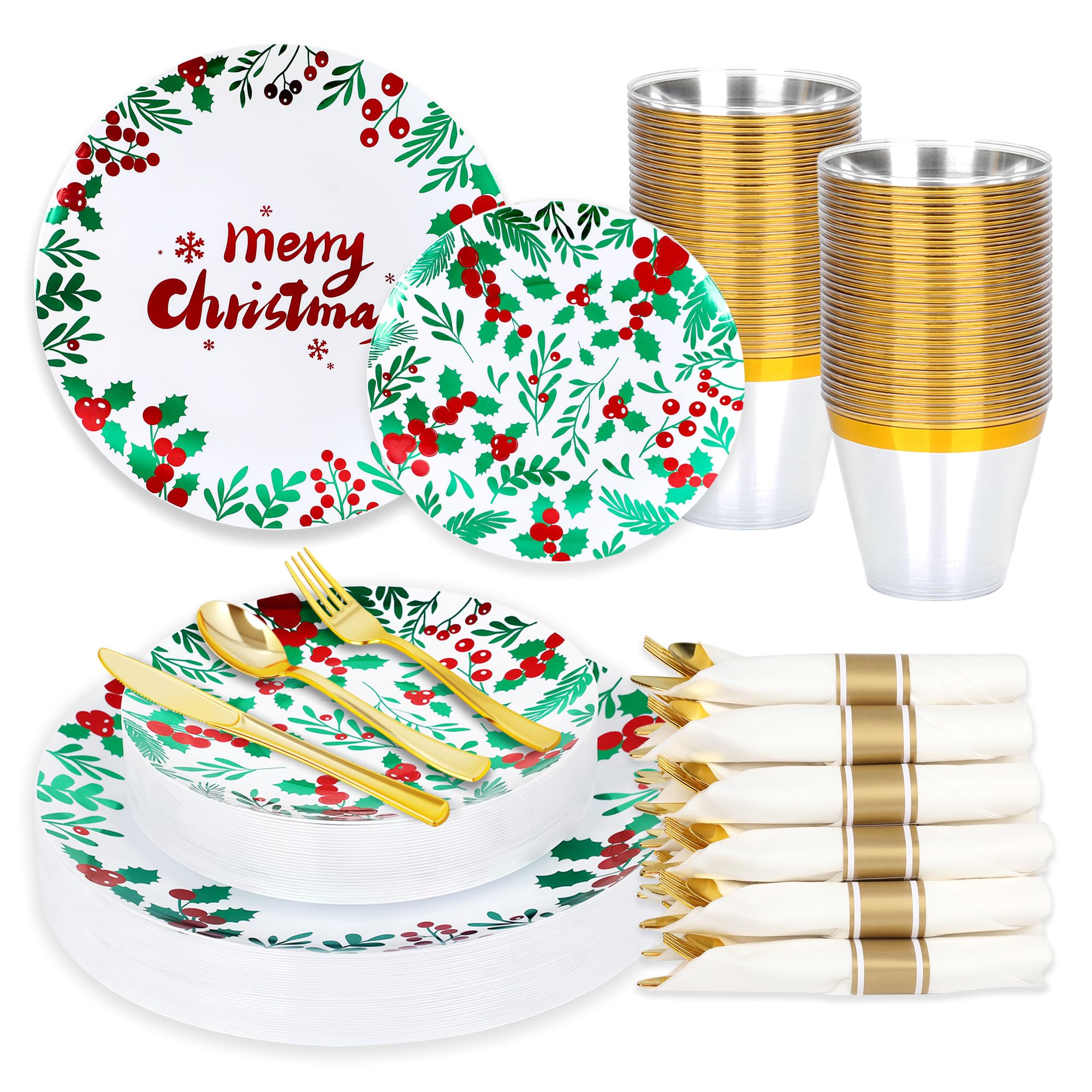 qonimi 175PCS Christmas Party Supplies - Christmas Plastic Dinnerware Set for 25 Guests, 50 Plastic Plates, 25 Cups, 25 Pre-Rolled Napkins with Cutlery, Berry Leaf Design for Xmas