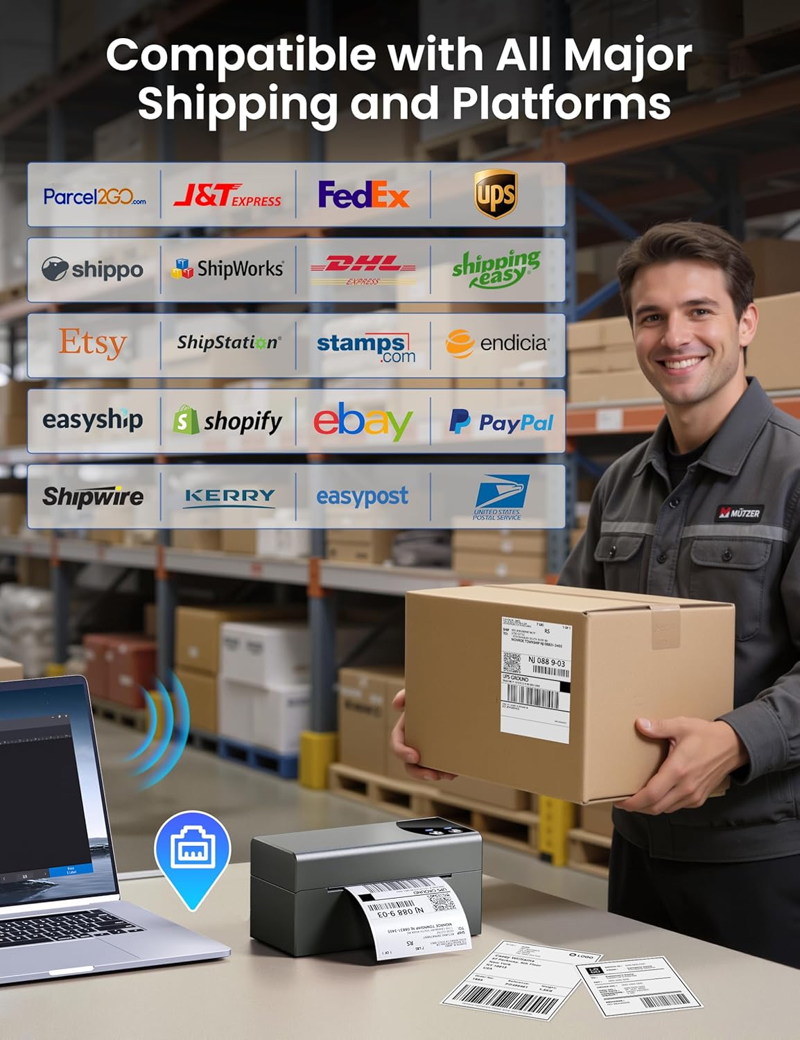 Phomemo Thermal Label Printer with Ethernet & Bluetooth Connectivity, 150mm/s Speed Wiress Thermal Printer, Compatible with USPS/UPS & More, Shipping Label Printer for Home & Small Business