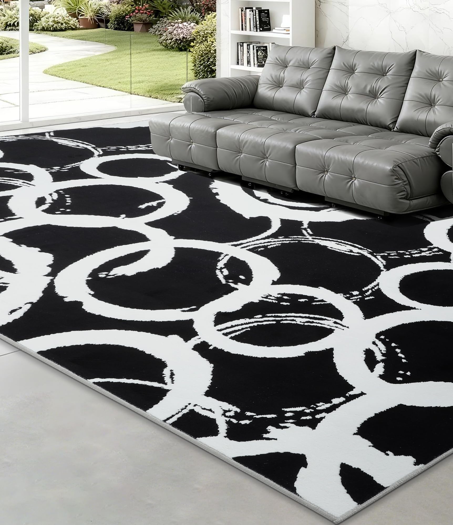 Photo 1 of YIHOUSE Black Modern Geometric Area Rug 8x10, Black and White Rug with Abstract Circles,Non-Shedding Washable Rugs for Bedroom, Home Office and Living Room