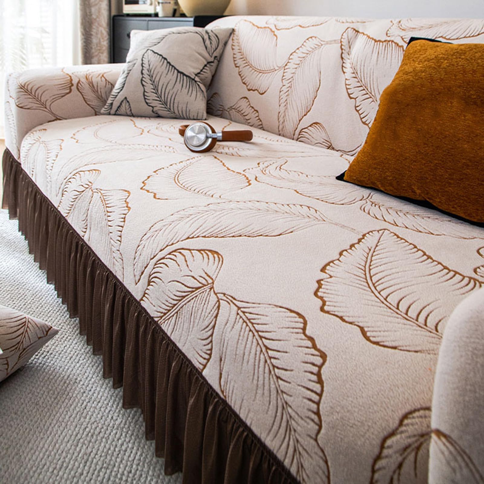 Non Slip Sofa Slipcover with Skirt Velvet High Stretch Sofa Covers 1 2 3 4 5 Seater Washable L Shape Furniture Cover for Sectional Sofa Living Room
