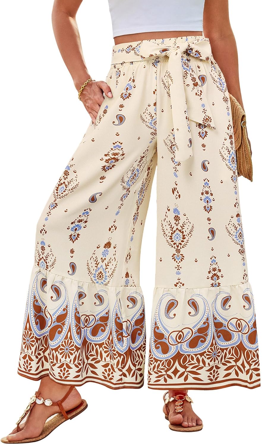 GRACE KARIN Women's 2026 Summer Wide Leg Palazzo Pants Elastic High Waisted Boho Casual Flowy Beach Pants with Pockets